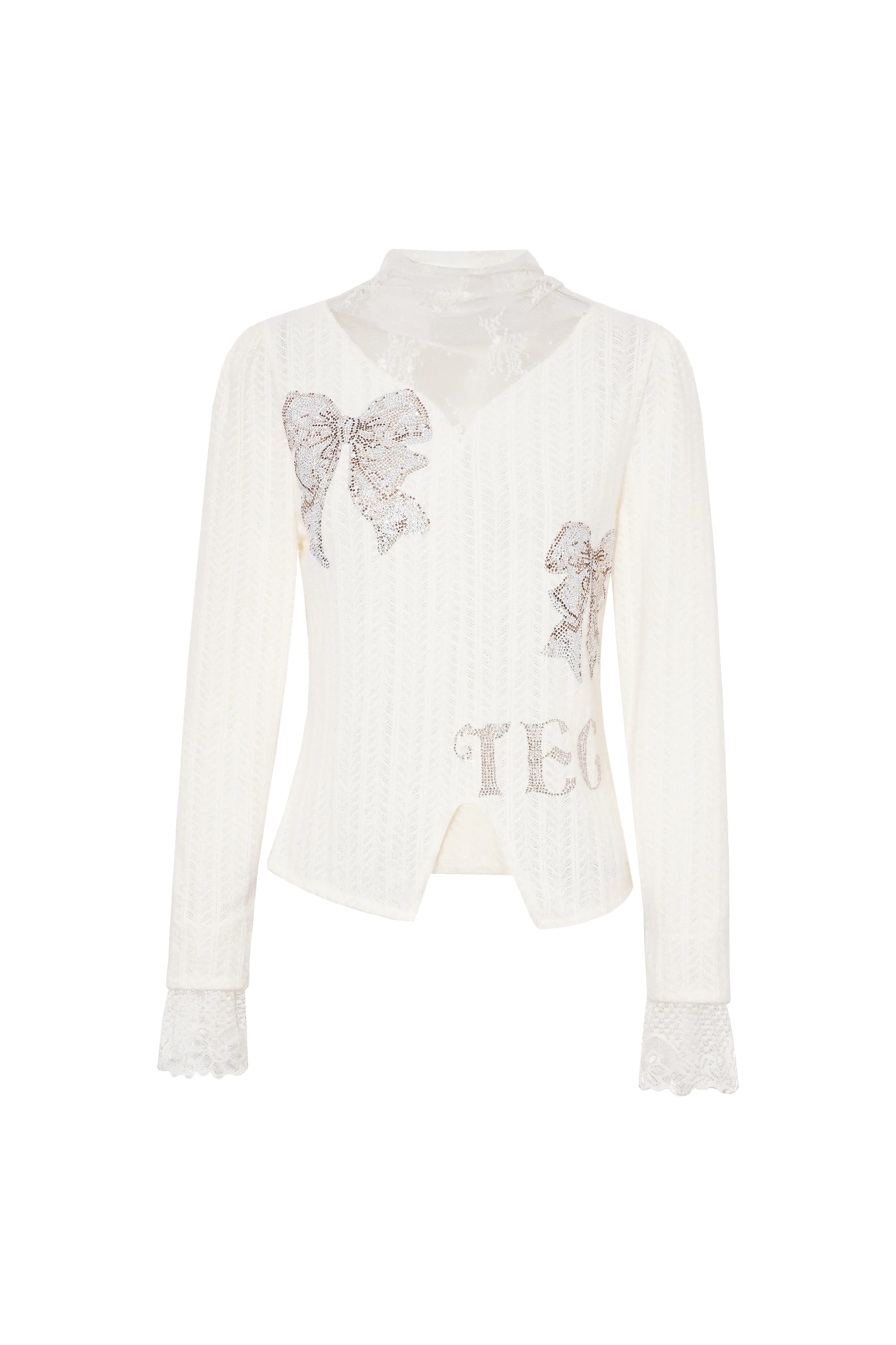 White lace top with decorative elements on a white background, TCH Dual-Layer Mesh V-Neck Rhinestone Bow Beige Crop Turtleneck Top