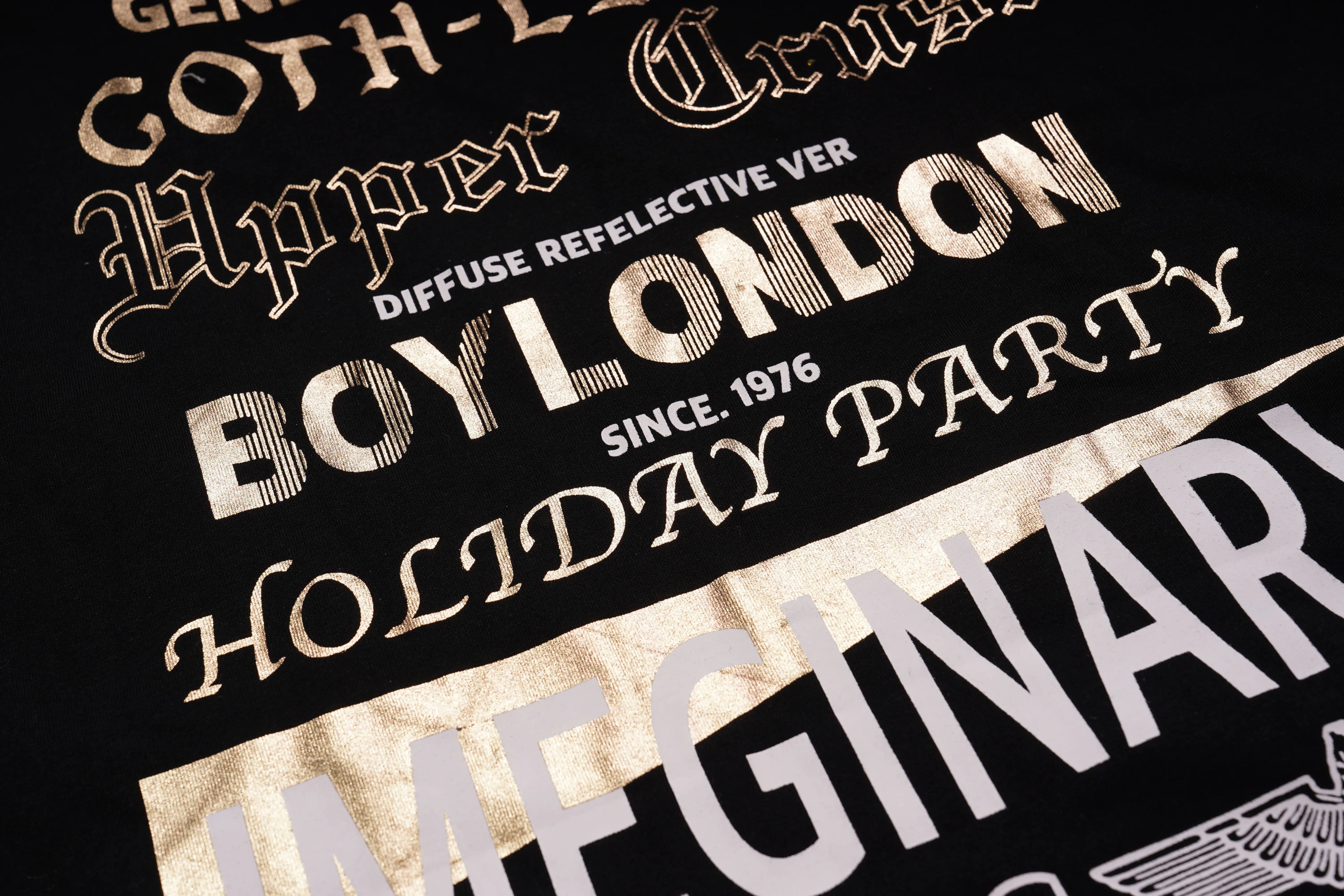 Text design with 'BOY LONDON' and 'HOLIDAY PARTY' on a black background, TCH Embroidered Floral Butterfly Rhinestone T-Shirt