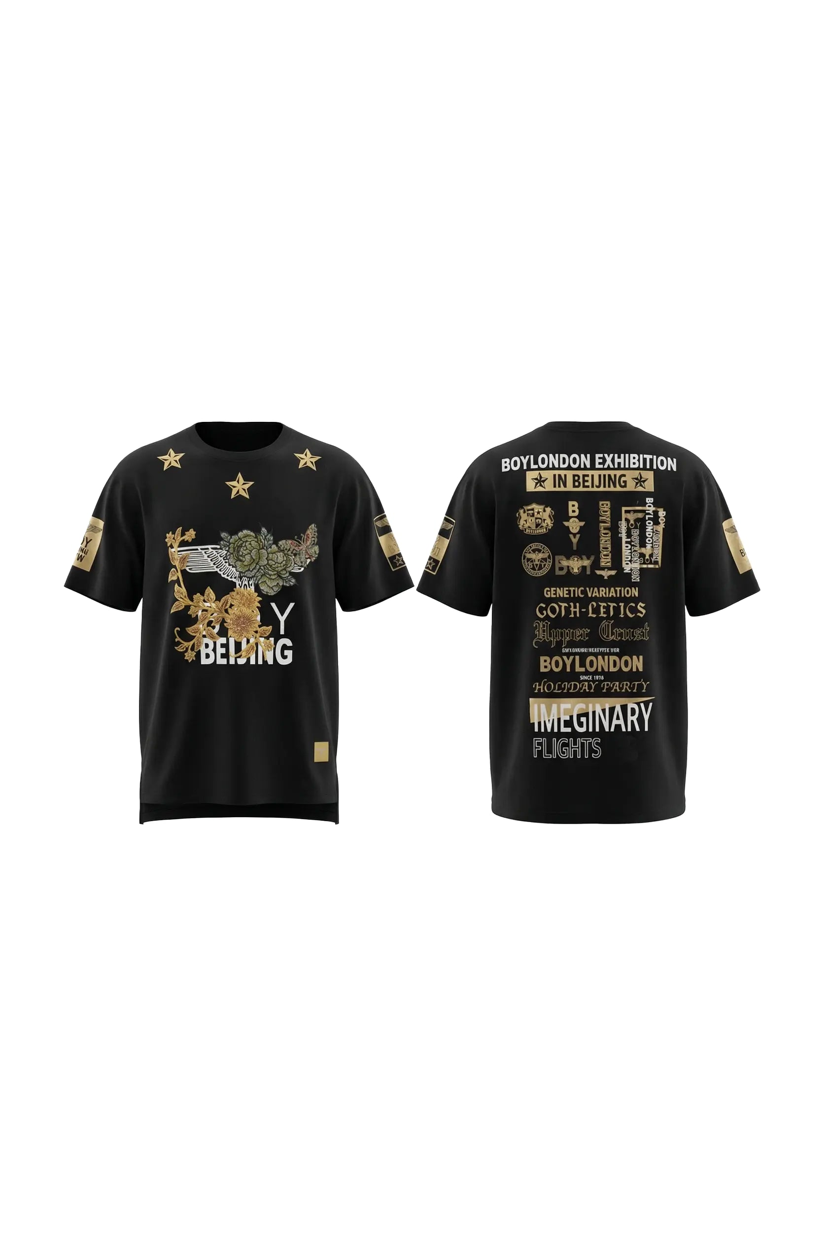 Black t-shirt with gold and white graphics and text on a white background, TCH Embroidered Floral Butterfly Rhinestone T-Shirt