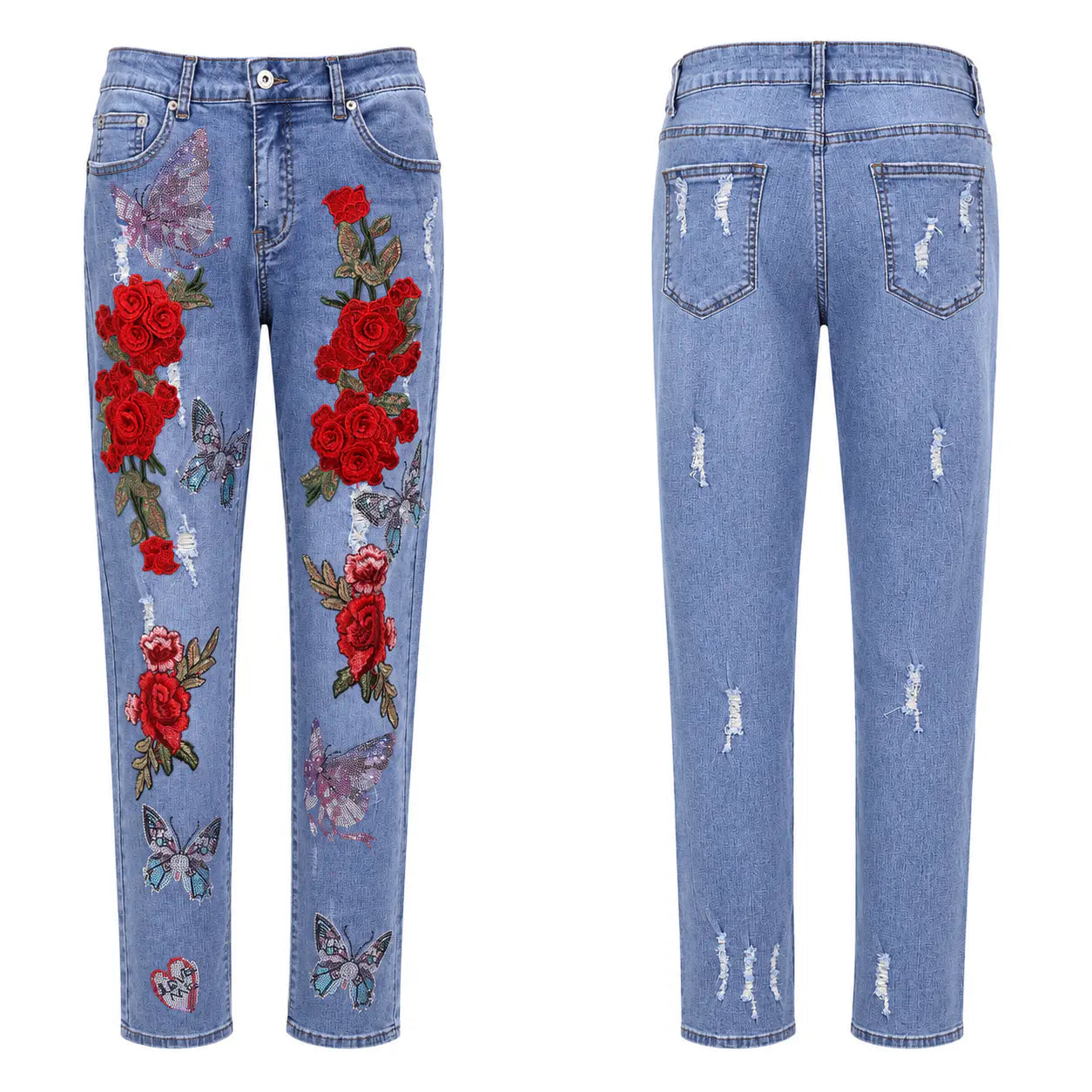Blue jeans with floral embroidery on a white background, TCH Embroidered Rose & Rhinestone Butterfly Denim Jeans