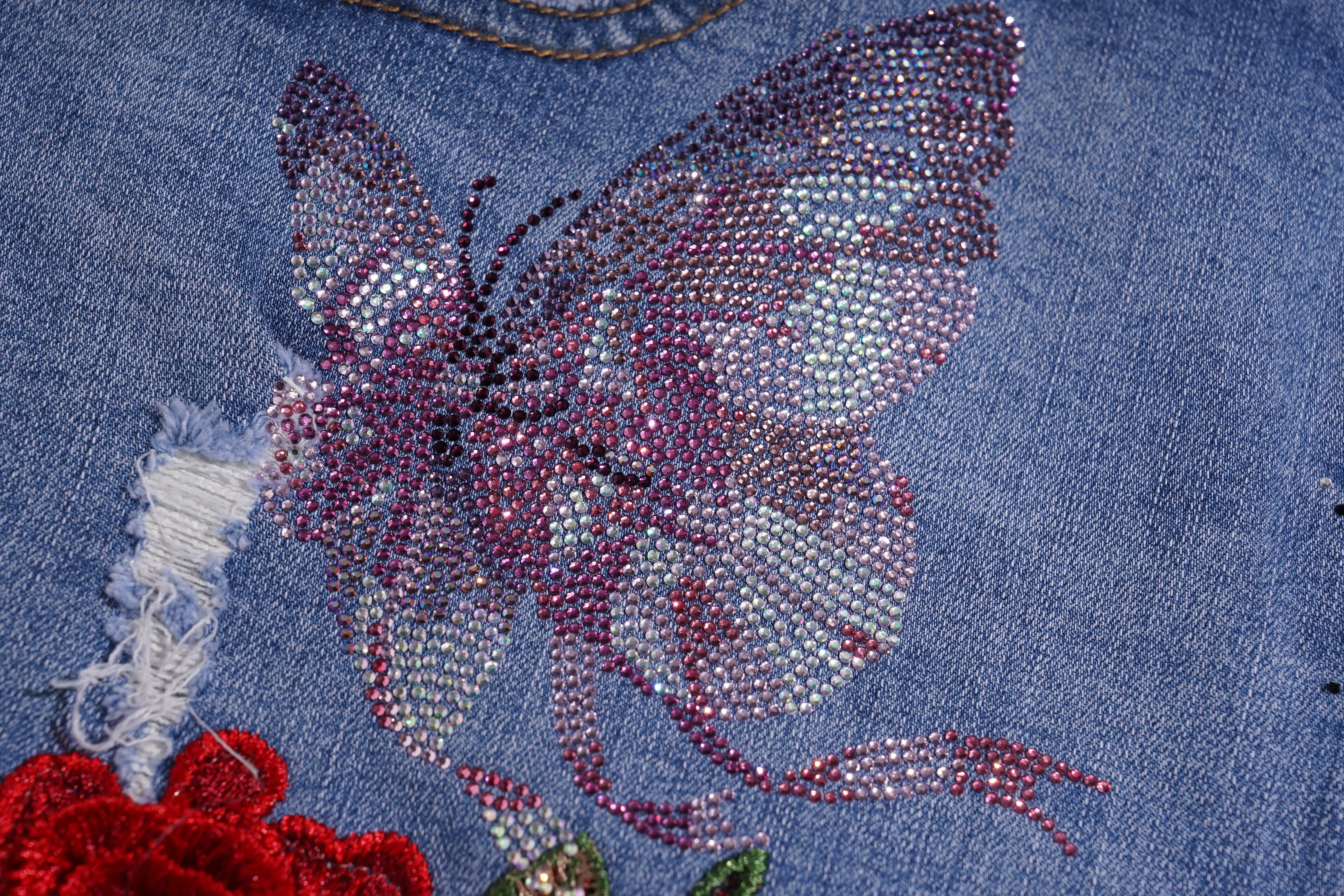 Butterfly design on denim fabric with rhinestones, TCH Embroidered Rose & Rhinestone Butterfly Denim Jeans