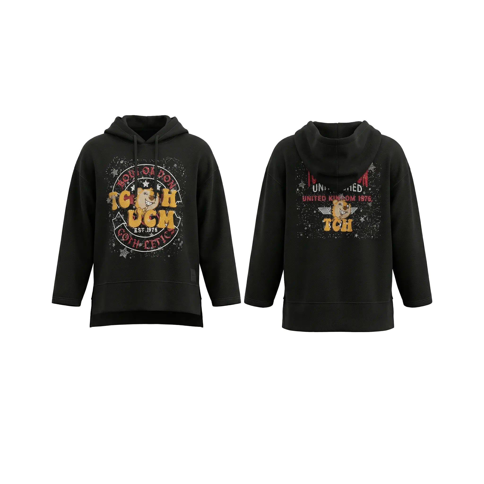 Black hoodie with colorful graphics and text on a white background, TCH Embroidered TCHUCM Rhinestone Hoodie