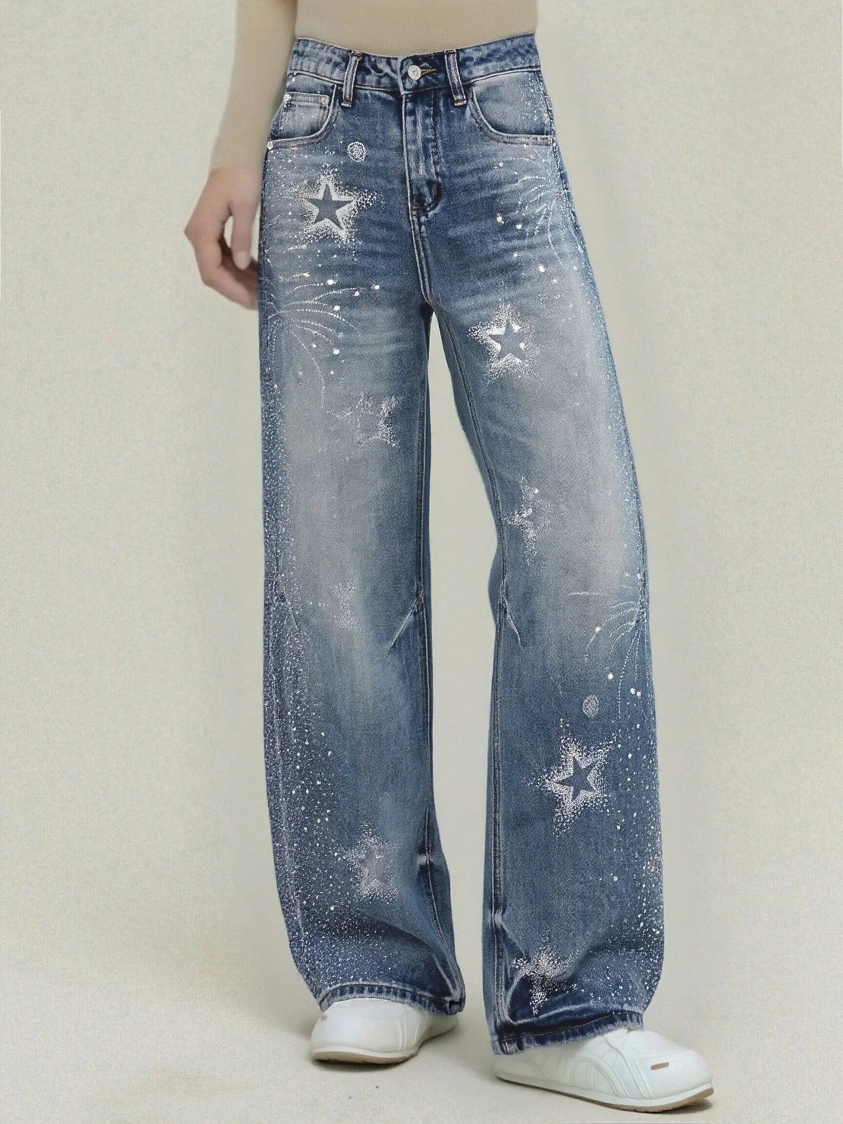 Blue jeans with star patterns worn by a person on a plain background, TCH Firework Star Rhinestone Straight-Leg Blue Jeans