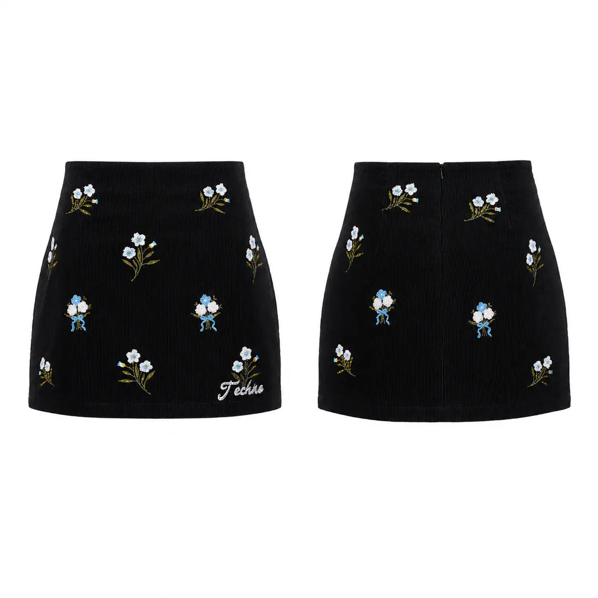 Black corduroy mini skirt shown from both front and back views, featuring embroidered white flowers with blue and green accents and a white script logo on the lower left. TCH Floral Embroidered Techno Corduroy Mini Skirt