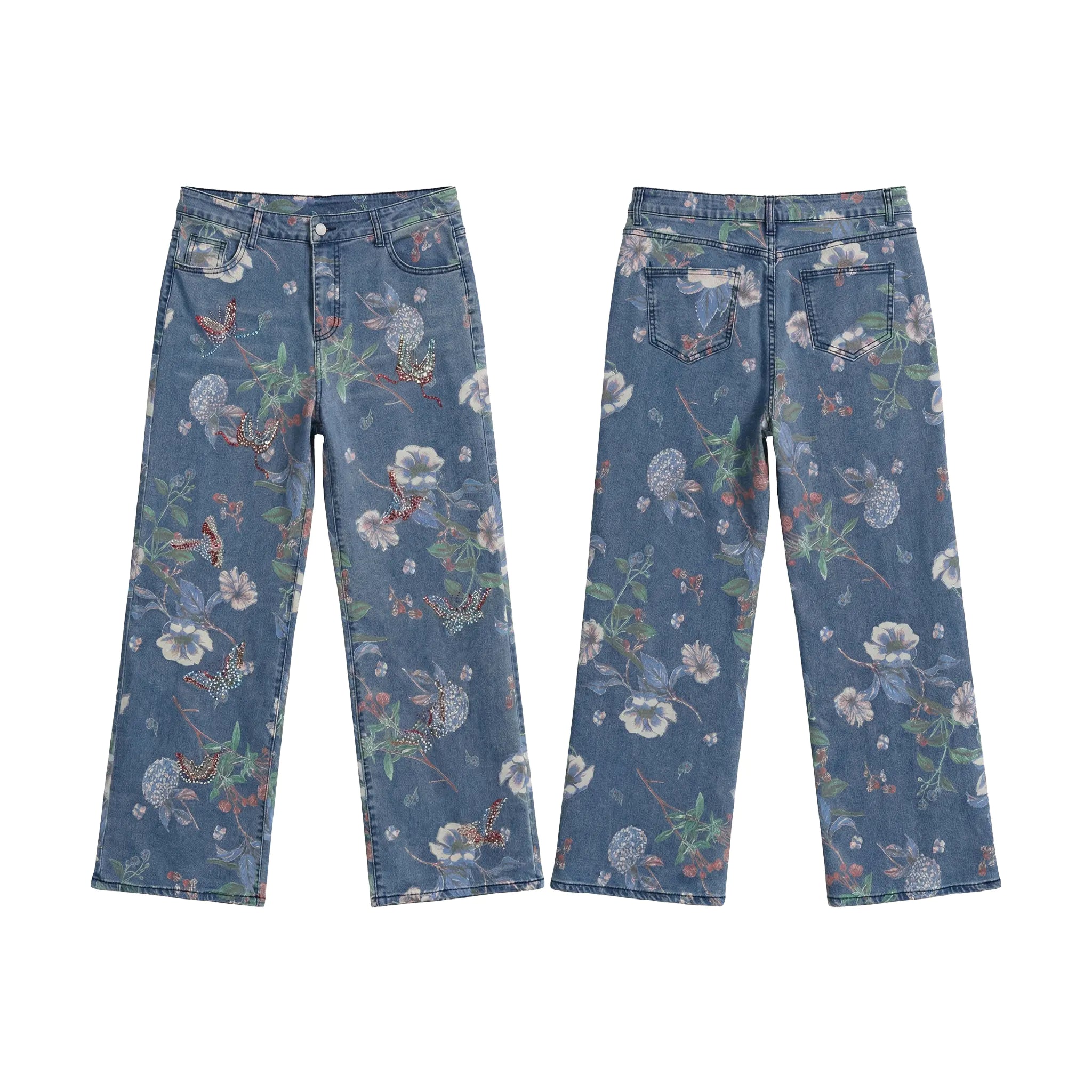 Pair of blue floral-patterned jeans on a white background, TCH Floral Print Rhinestone Butterfly Denim Jeans
