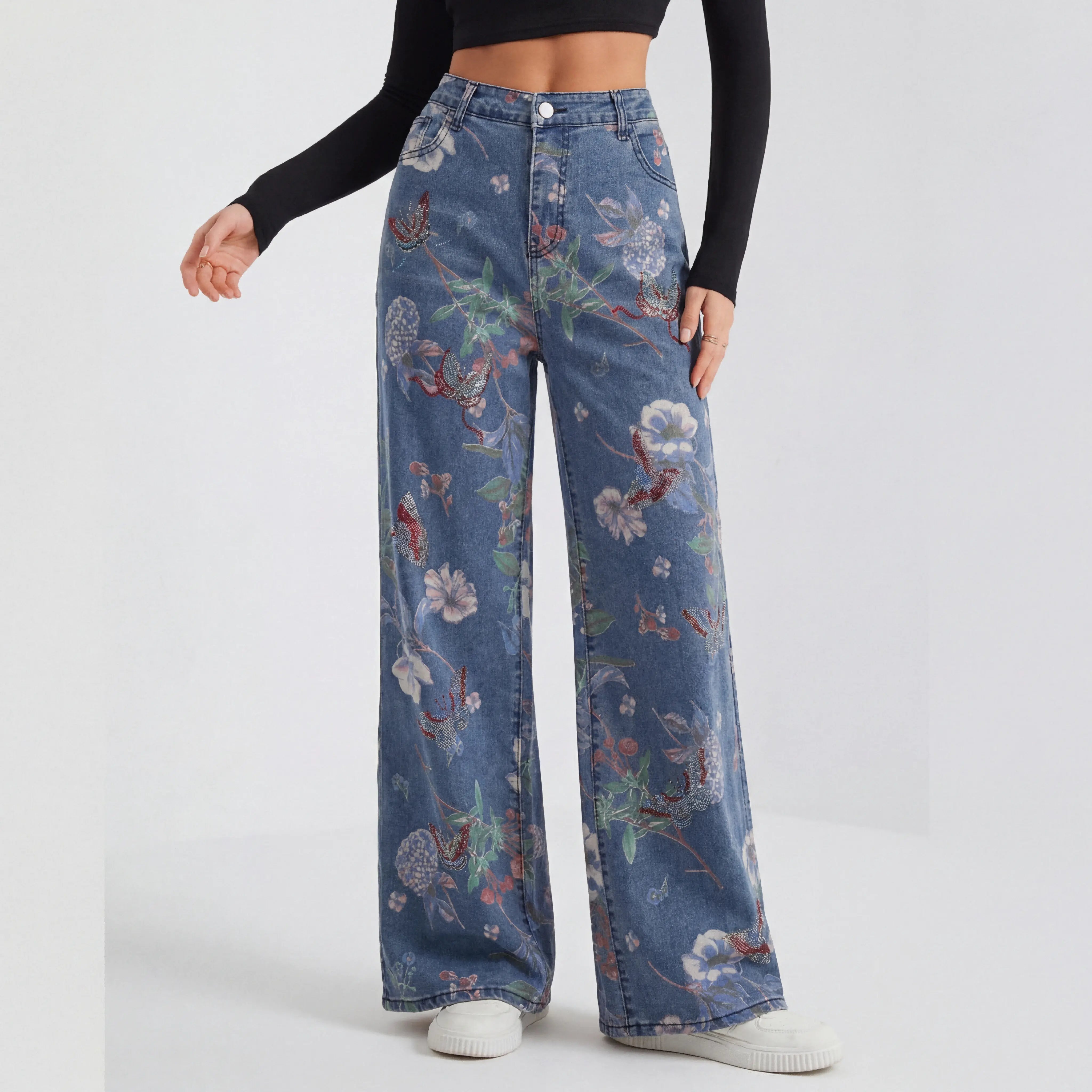 Floral-patterned jeans worn by a person on a white background, TCH Floral Print Rhinestone Butterfly Denim Jeans