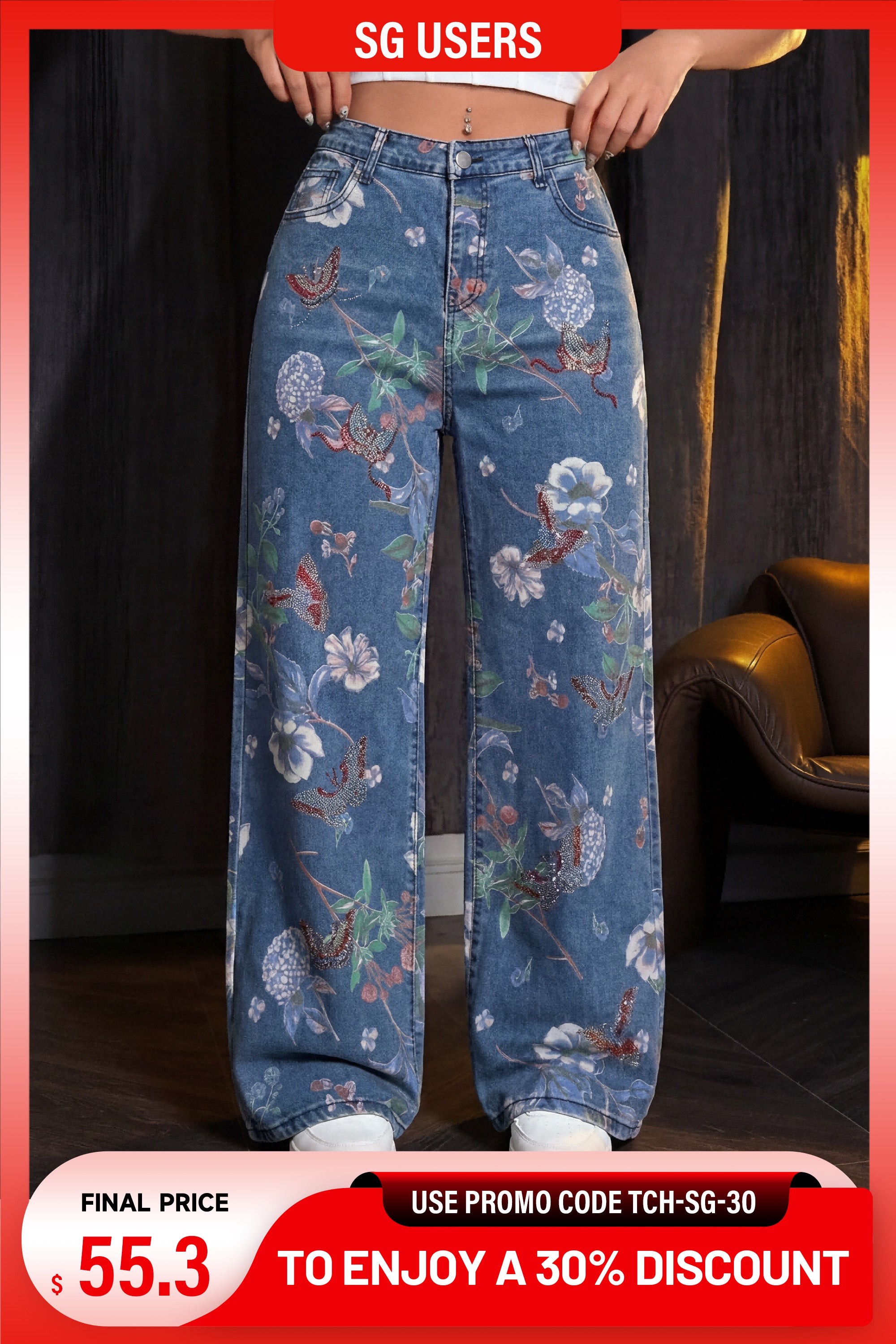 Person wearing blue floral jeans with a promotional banner at the bottom. TCH Floral Print Rhinestone Butterfly Denim Jeans
