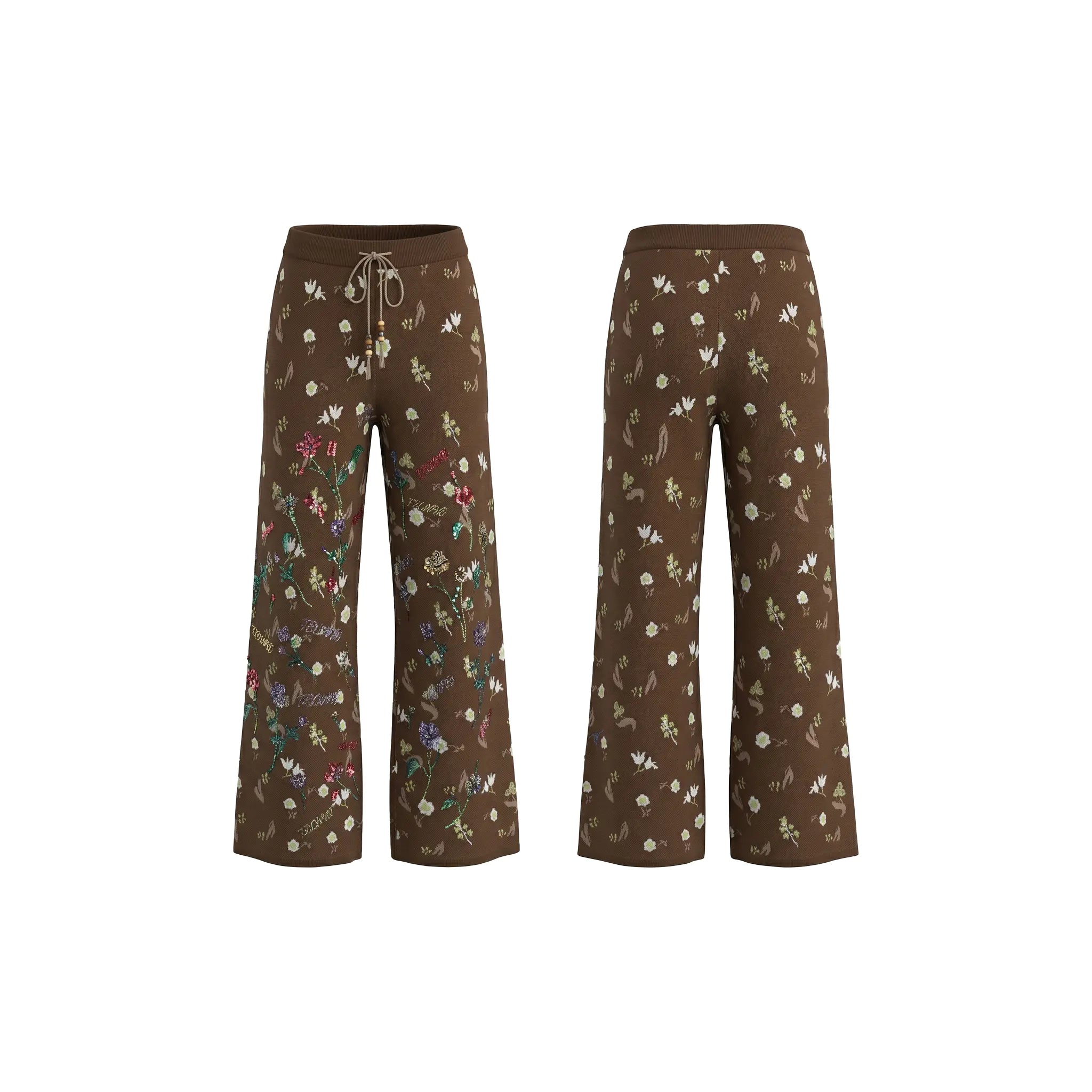 Pair of brown floral-patterned pants on a white background, TCH Floral Rhinestone Accent Sweatpants