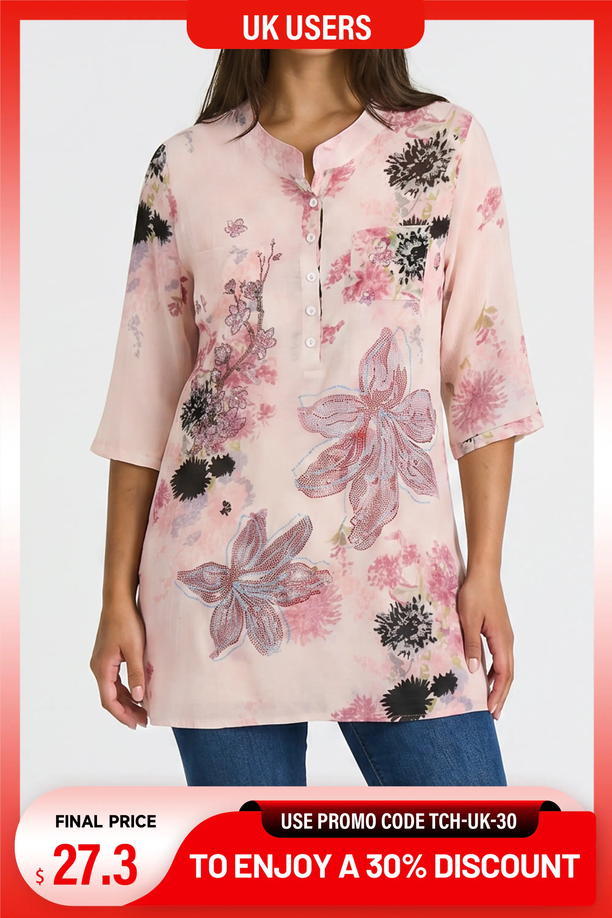 A woman wearing a light pink floral tunic top with three-quarter sleeves and a buttoned neckline, paired with blue jeans. The image includes promotional text overlays for a UK users discount. TCH Floral Rhinestone Butterfly Print Short Sleeve Blouse