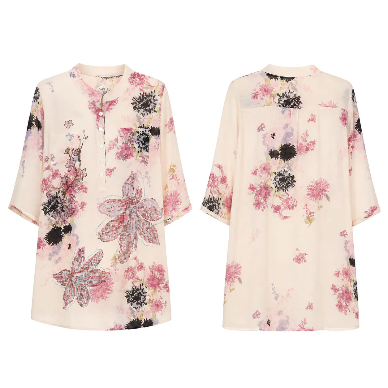 A women's short-sleeve blouse shown from both front and back views. The blouse has a light cream base with a large-scale floral print in pink, black, and soft purple tones. TCH Floral Rhinestone Butterfly Print Short Sleeve Blouse
