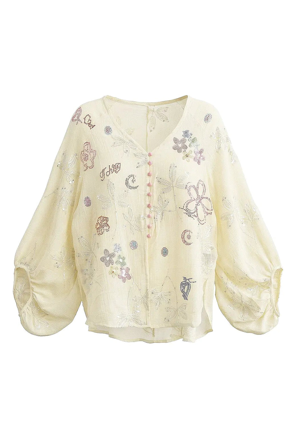 Light-colored blouse with floral embroidery on a white background, TCH Floral Rhinestone Embellished V-Neck Blouse
