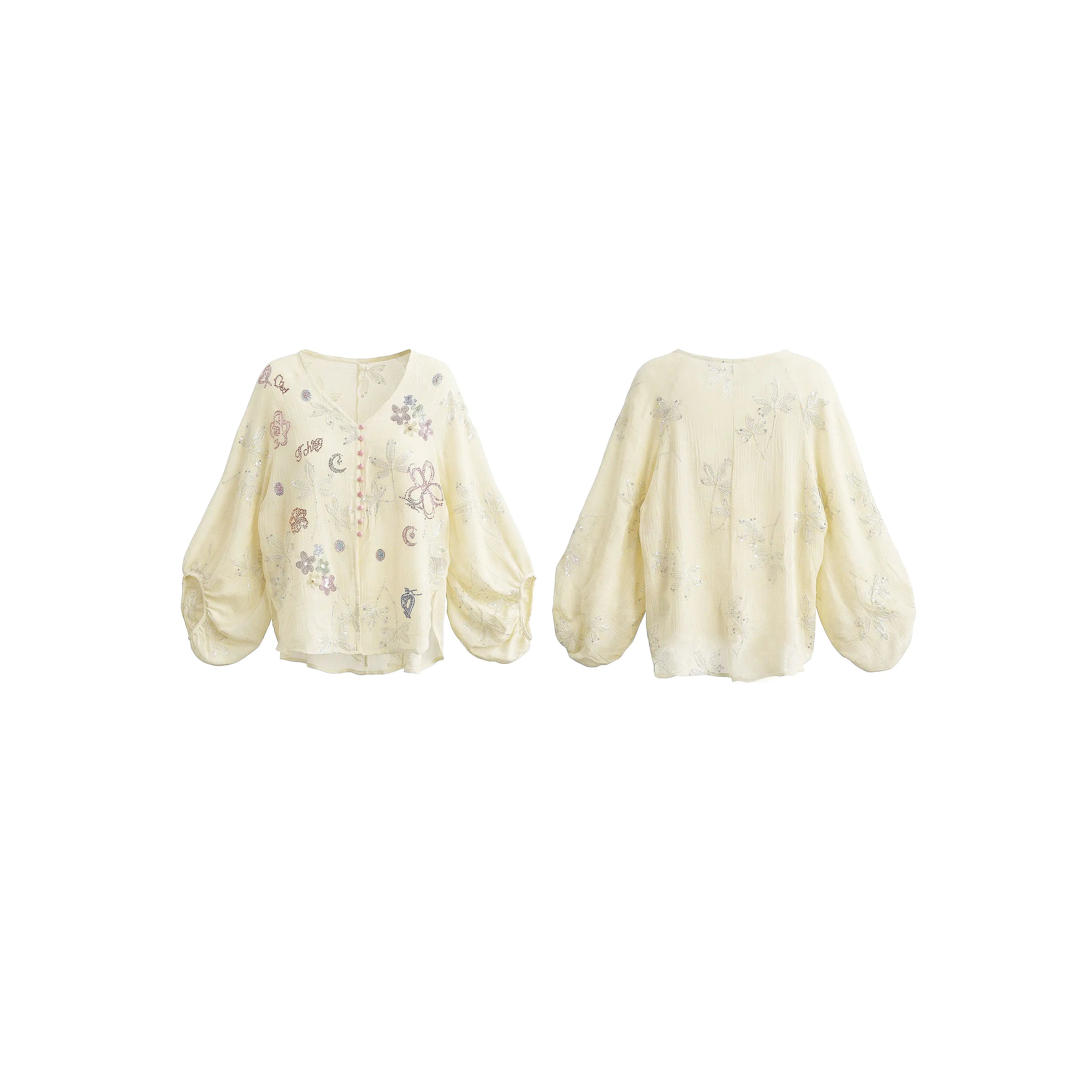 Two cream-colored cardigans with floral patterns on a white background, TCH Floral Rhinestone Embellished V-Neck Blouse