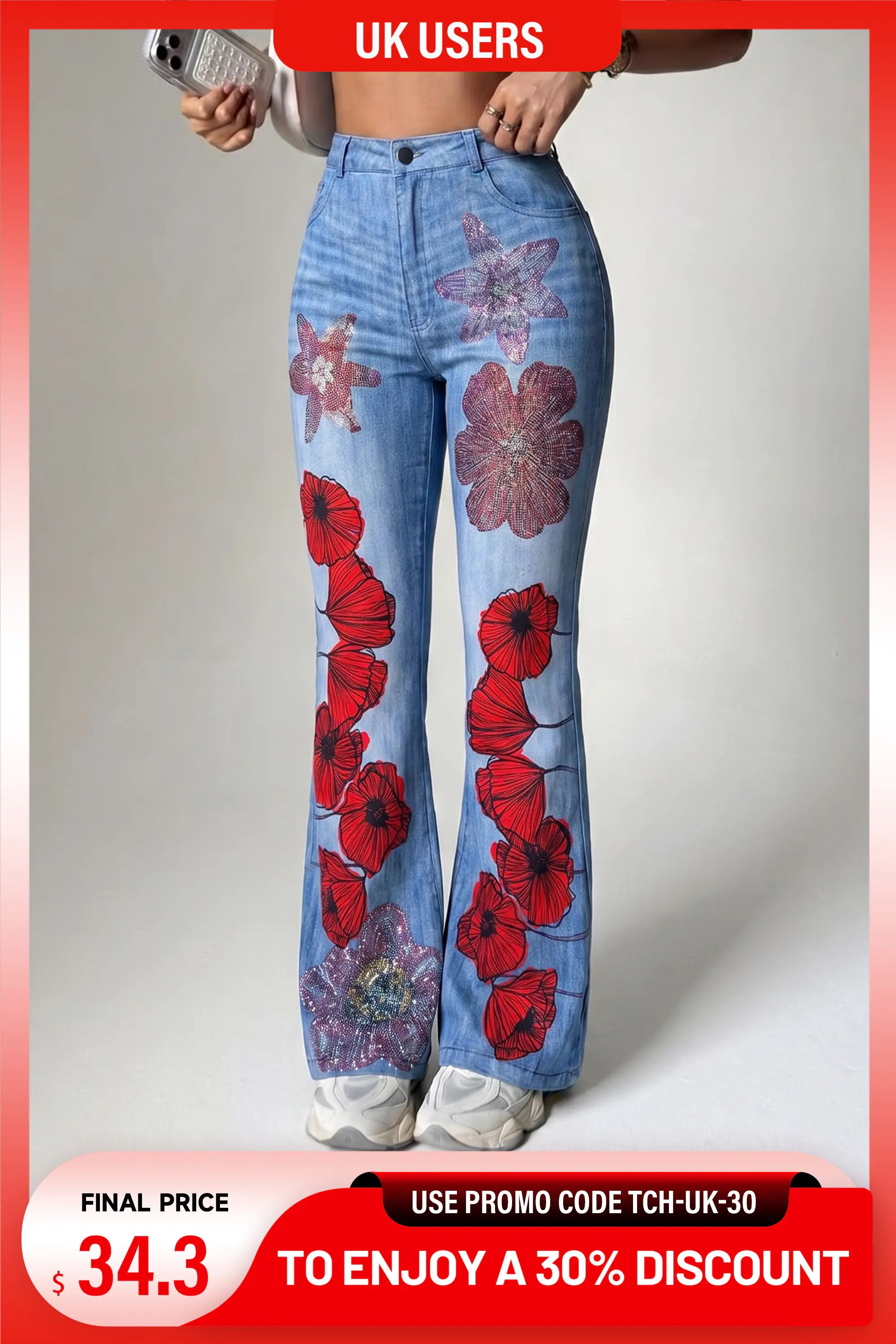 TCH Floral Rhinestone Wide Leg Denim Jeans - UK