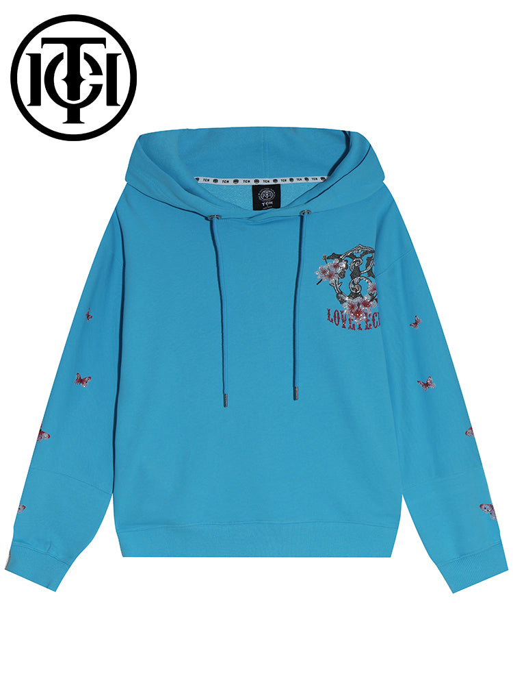 TCH Flower Print Rhinestone Unisex Hoodie blue HighEnd Luxury Streetwear Brand Official Showcase