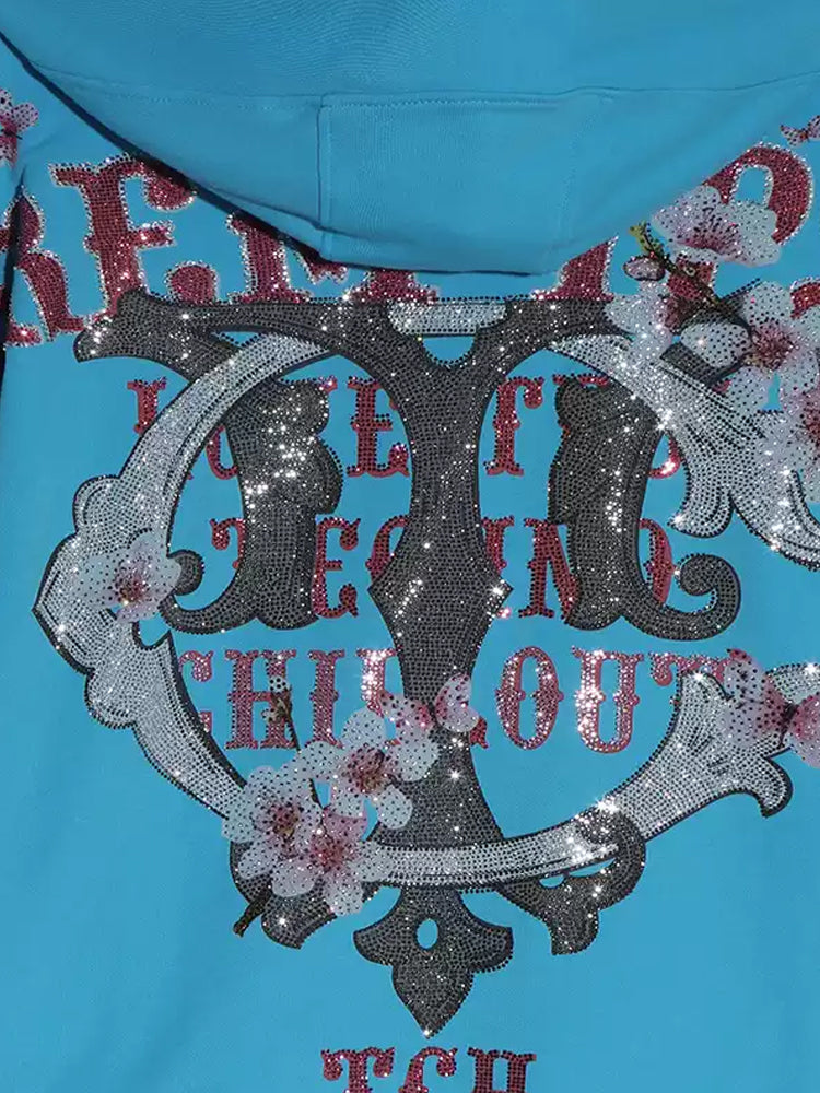 TCH Flower Print Rhinestone Unisex Hoodie blue HighEnd Luxury Streetwear Brand Official Showcase