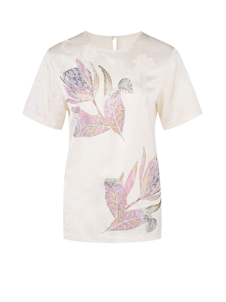 tch flower rhinestone jacquard satin t-shirt beige HighEnd Luxury Streetwear Brand Official Showcase