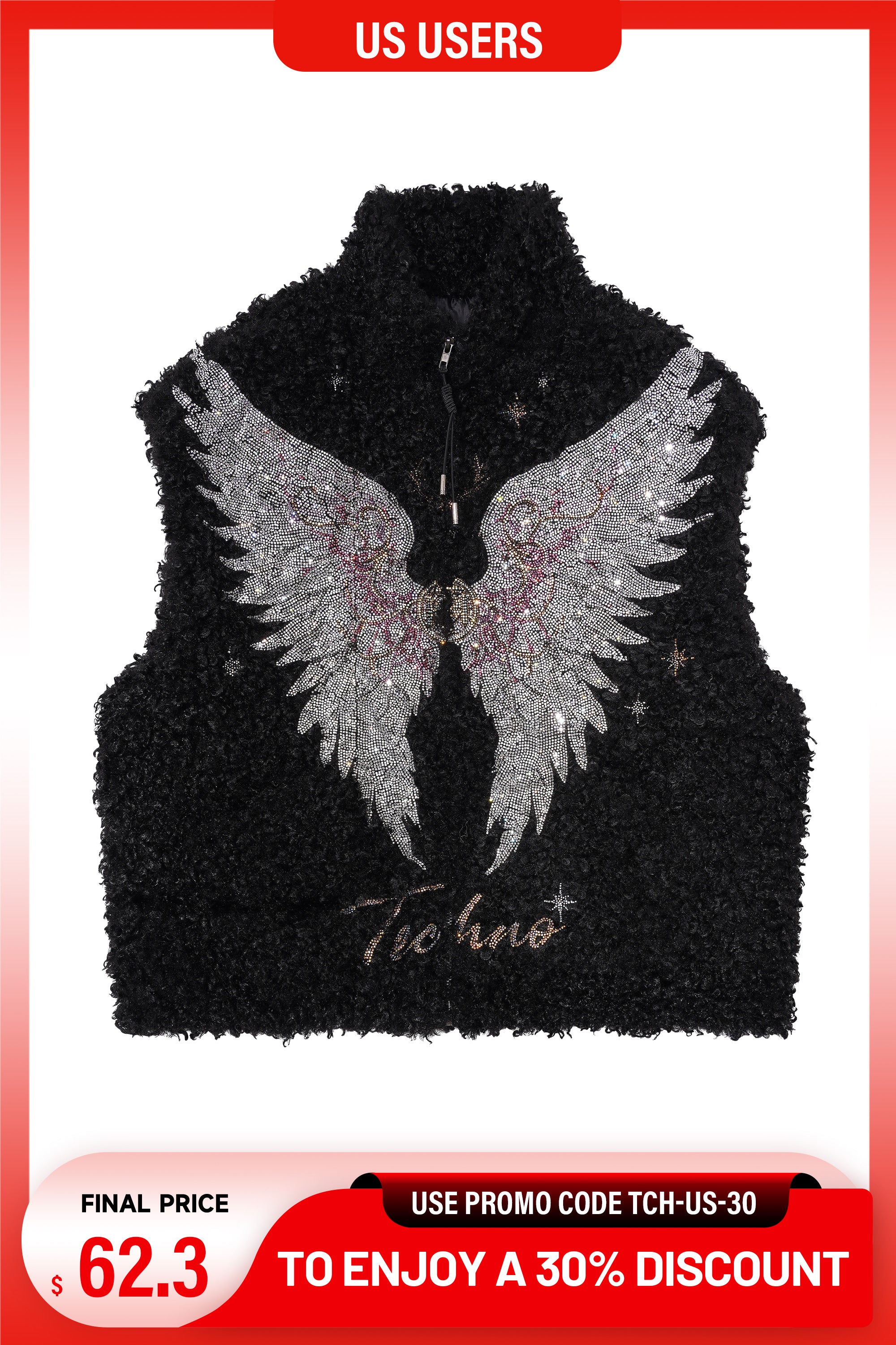 Black vest with silver angel wings design on a pink background, TCH Fuzzy Rhinestone Wings High-Neck Zip Sleeveless Vest