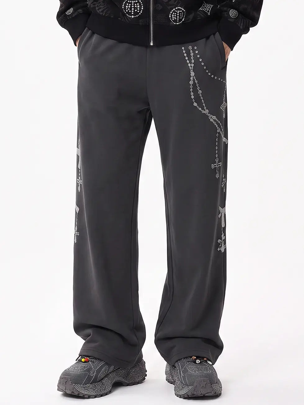TCH Gothic Cross Rhinestone Wide Leg Sweatpants Luxury Streetwear Brand Official Showcase