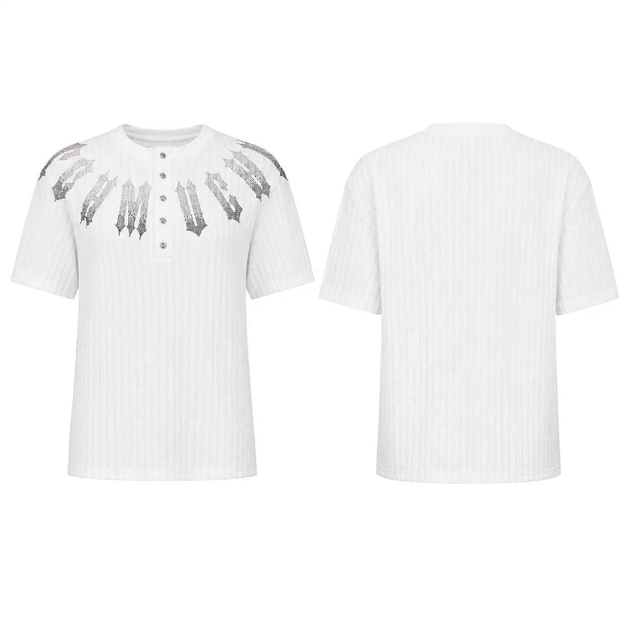 White short-sleeve ribbed Henley t-shirt shown from both front and back views. The front features a buttoned henley neckline and a graphic print of gray stylized arrows radiating from the shoulders. TCH Gothic Rhinestone Letter Ribbed Henley T-Shirt