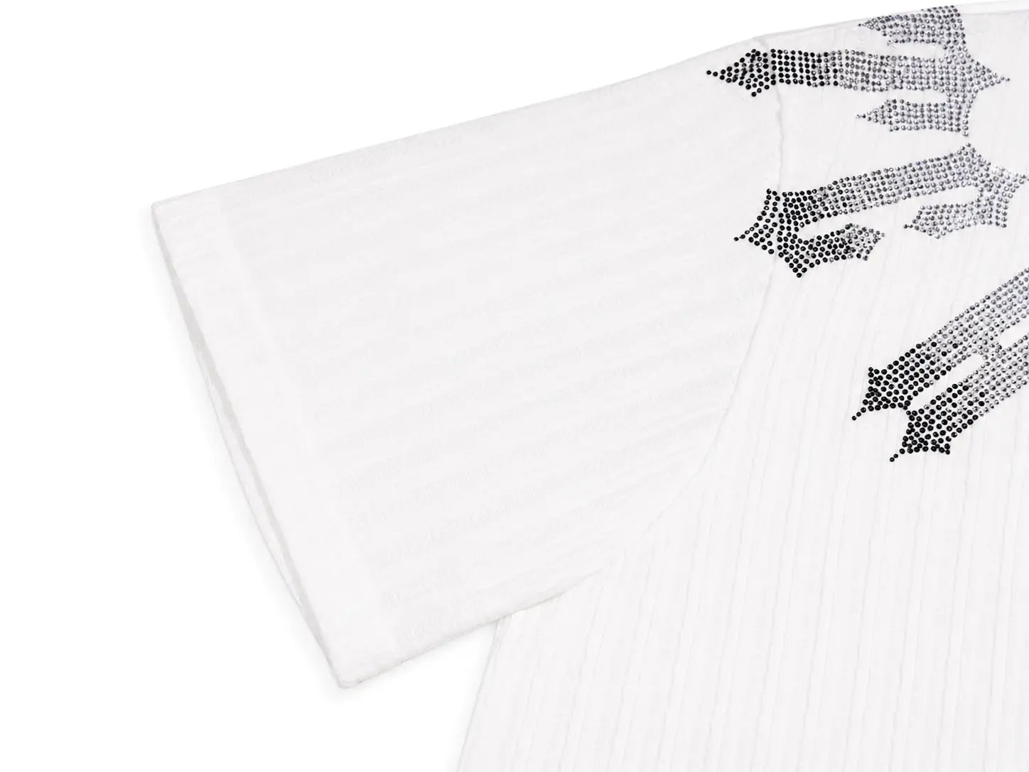 White short-sleeve shirt with a black rhinestone gothic letter 'K' on the chest, shown folded on a white background. TCH Gothic Rhinestone Letter Ribbed Henley T-Shirt