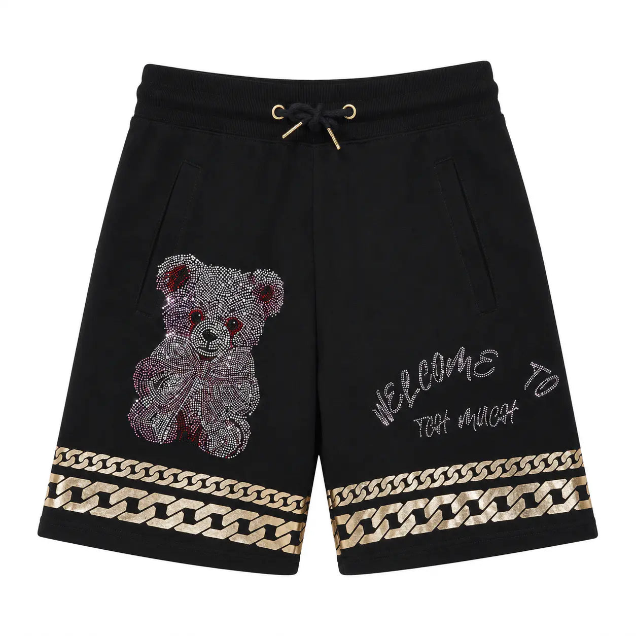 Black athletic shorts featuring a large teddy bear graphic embellished with pink and silver rhinestones, a gold chain print along the bottom hem, and 'WELCOME TO THAT #MUCH' written in white script on the right leg. TCH Gothic Rhinestone Teddy Bear Chain Print Sweat Shorts