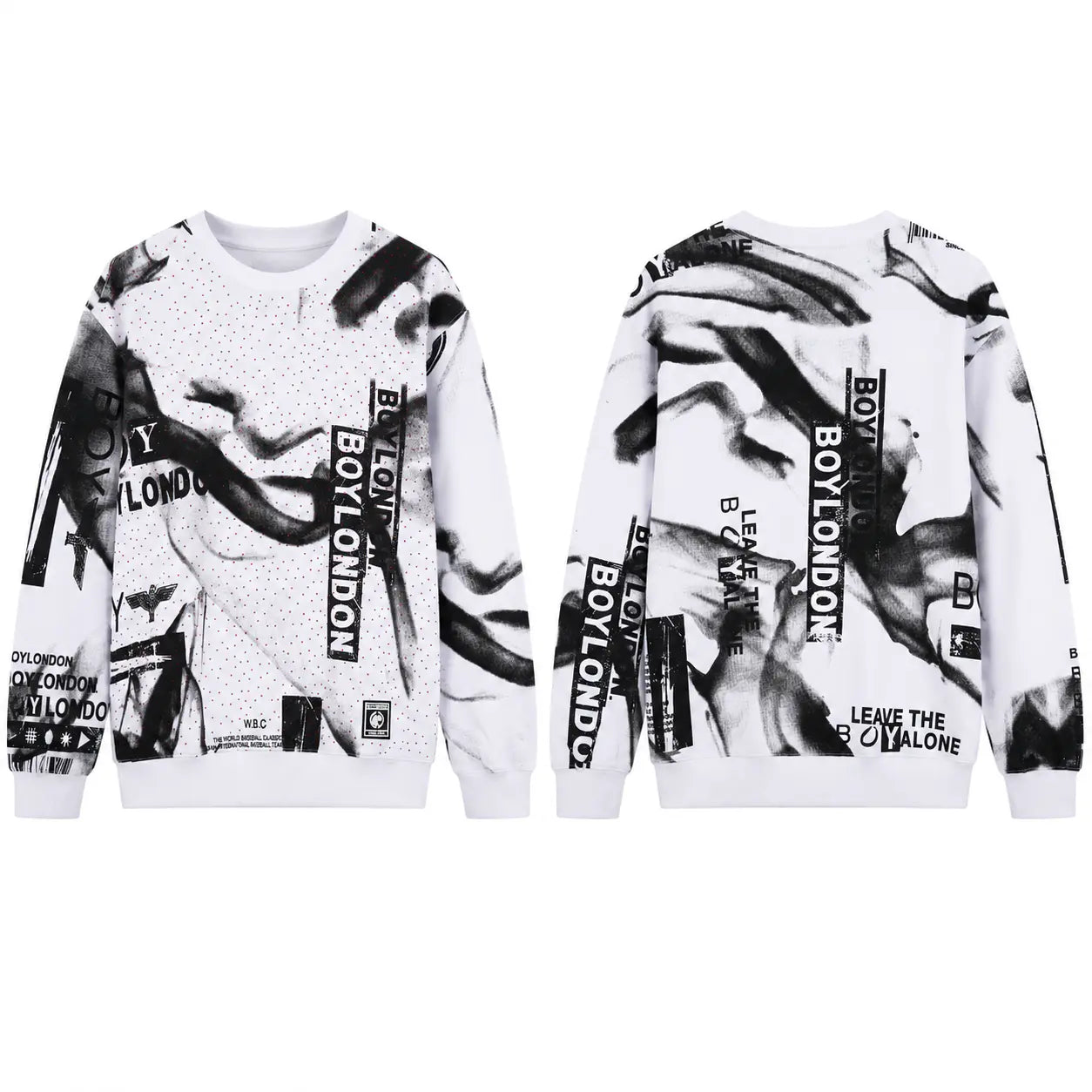 White sweatshirt with black and white graphic design and text on a white background, TCH Graffiti Logo Print Crewneck Sweatshirt