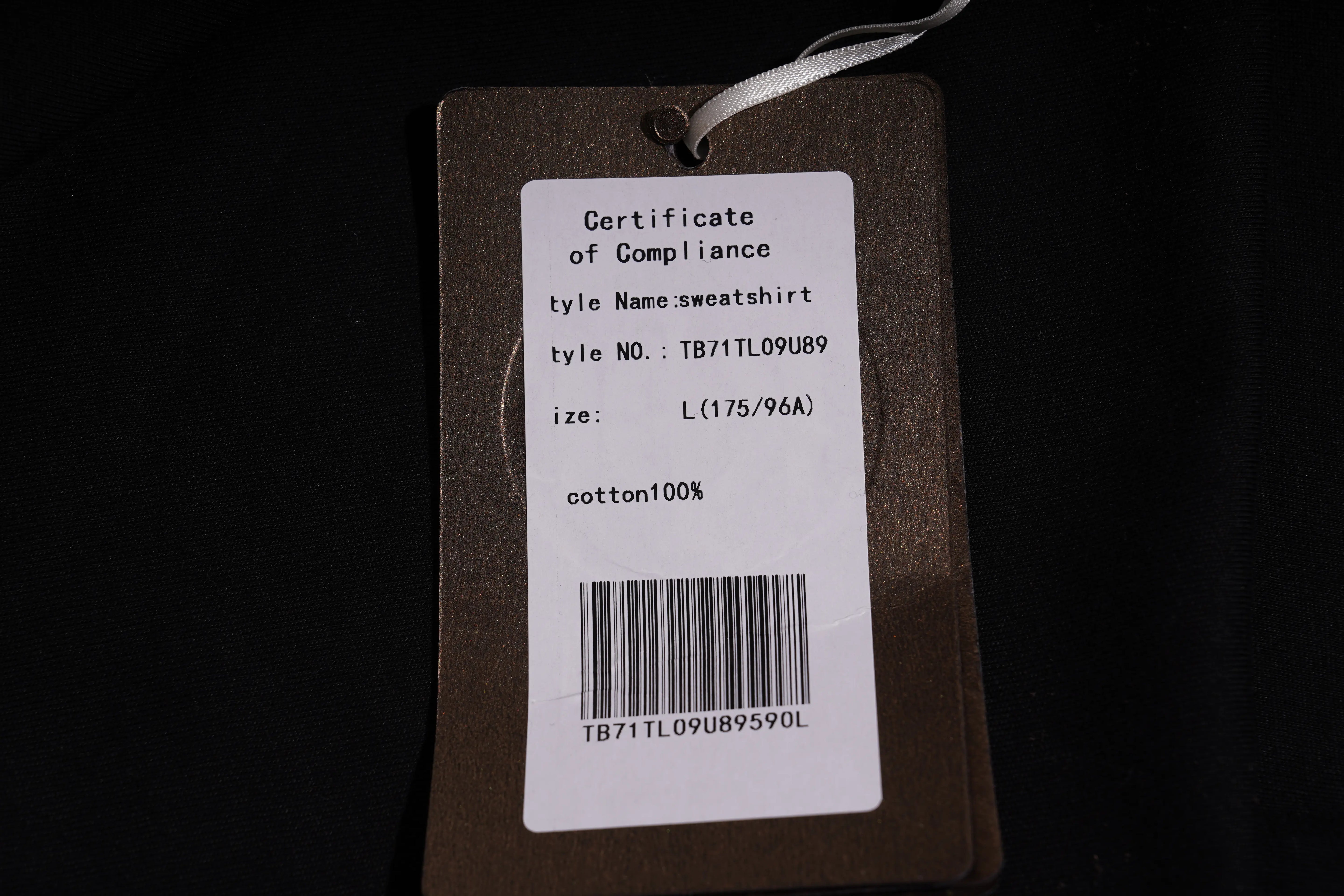 Certificate of Compliance tag on a brown label with text and barcode.
TCH Graphic Rhinestone Heat Transfer Crewneck Sweatshirt-11