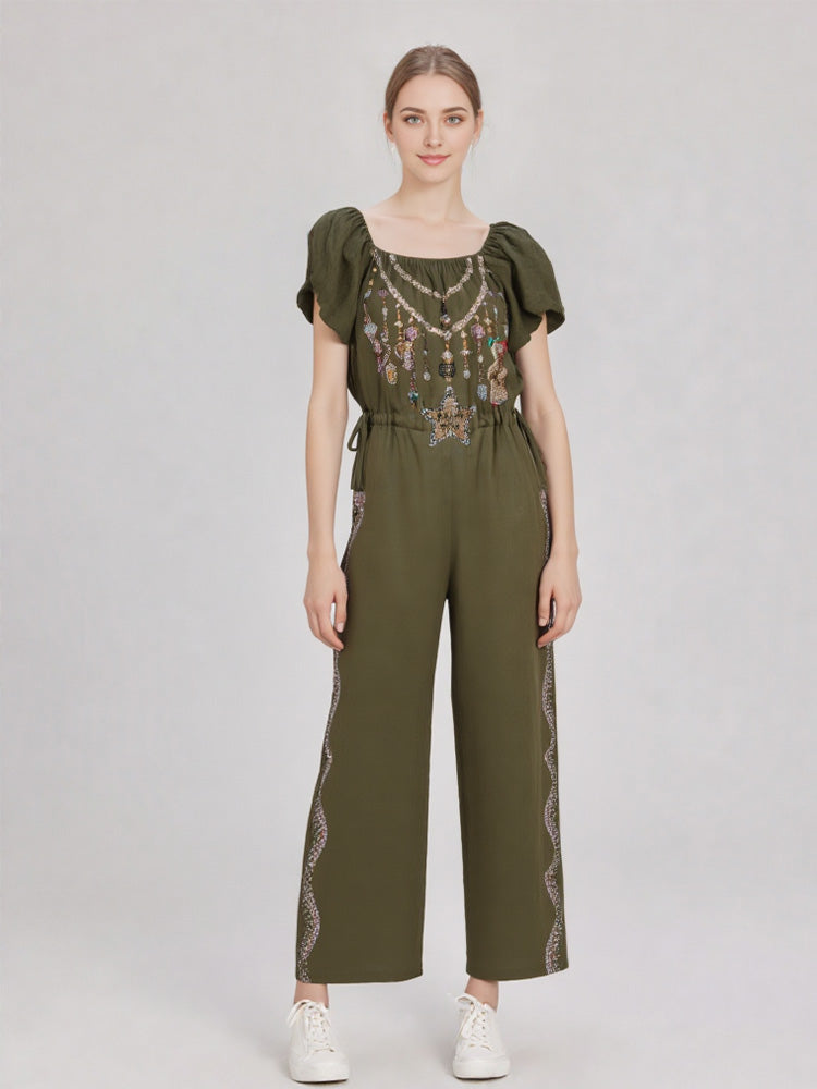 tch graphic rhinestone puff sleeve jumpsuit armygreen HighEnd Luxury Streetwear Brand Official Showcase