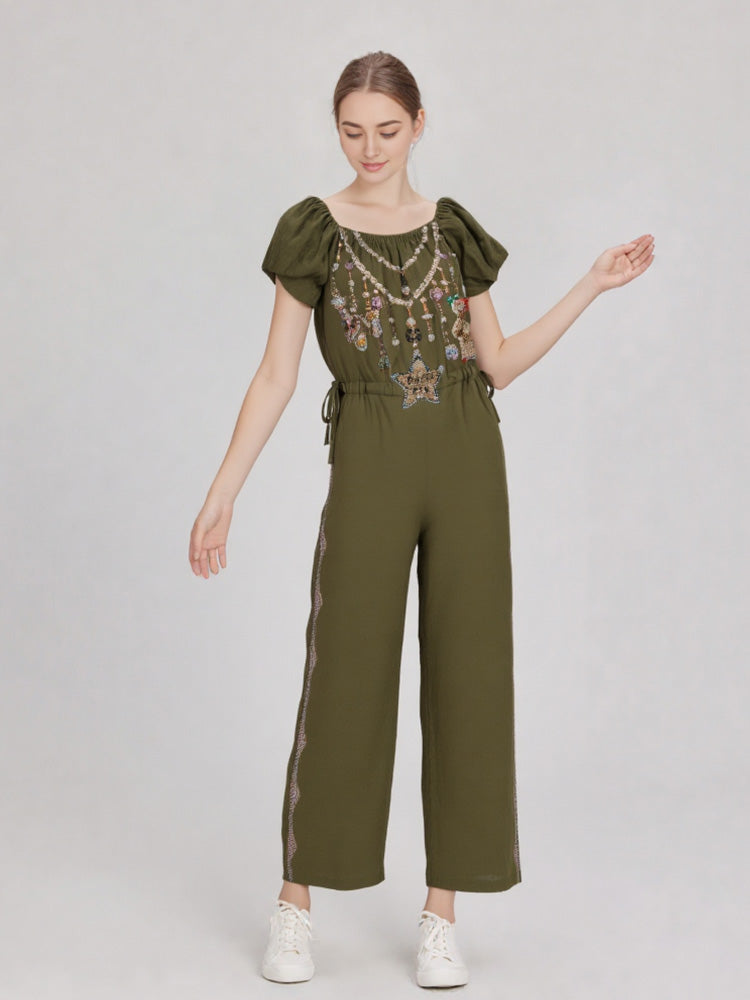 tch graphic rhinestone puff sleeve jumpsuit armygreen HighEnd Luxury Streetwear Brand Official Showcase