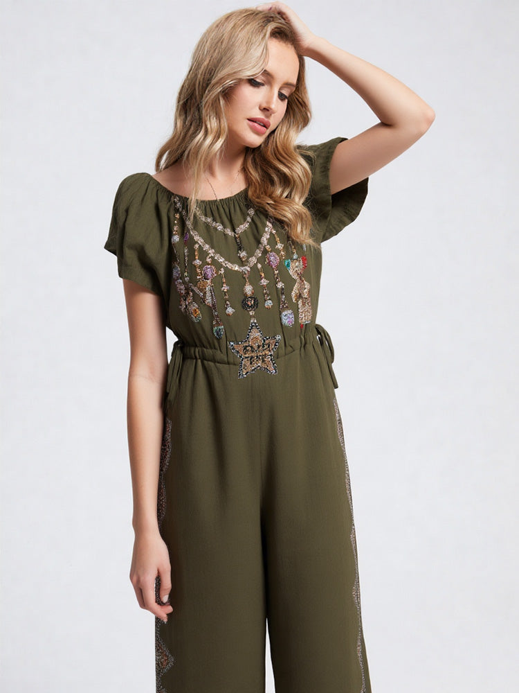 tch graphic rhinestone puff sleeve jumpsuit armygreen HighEnd Luxury Streetwear Brand Official Showcase