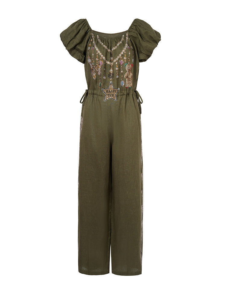 tch graphic rhinestone puff sleeve jumpsuit armygreen HighEnd Luxury Streetwear Brand Official Showcase