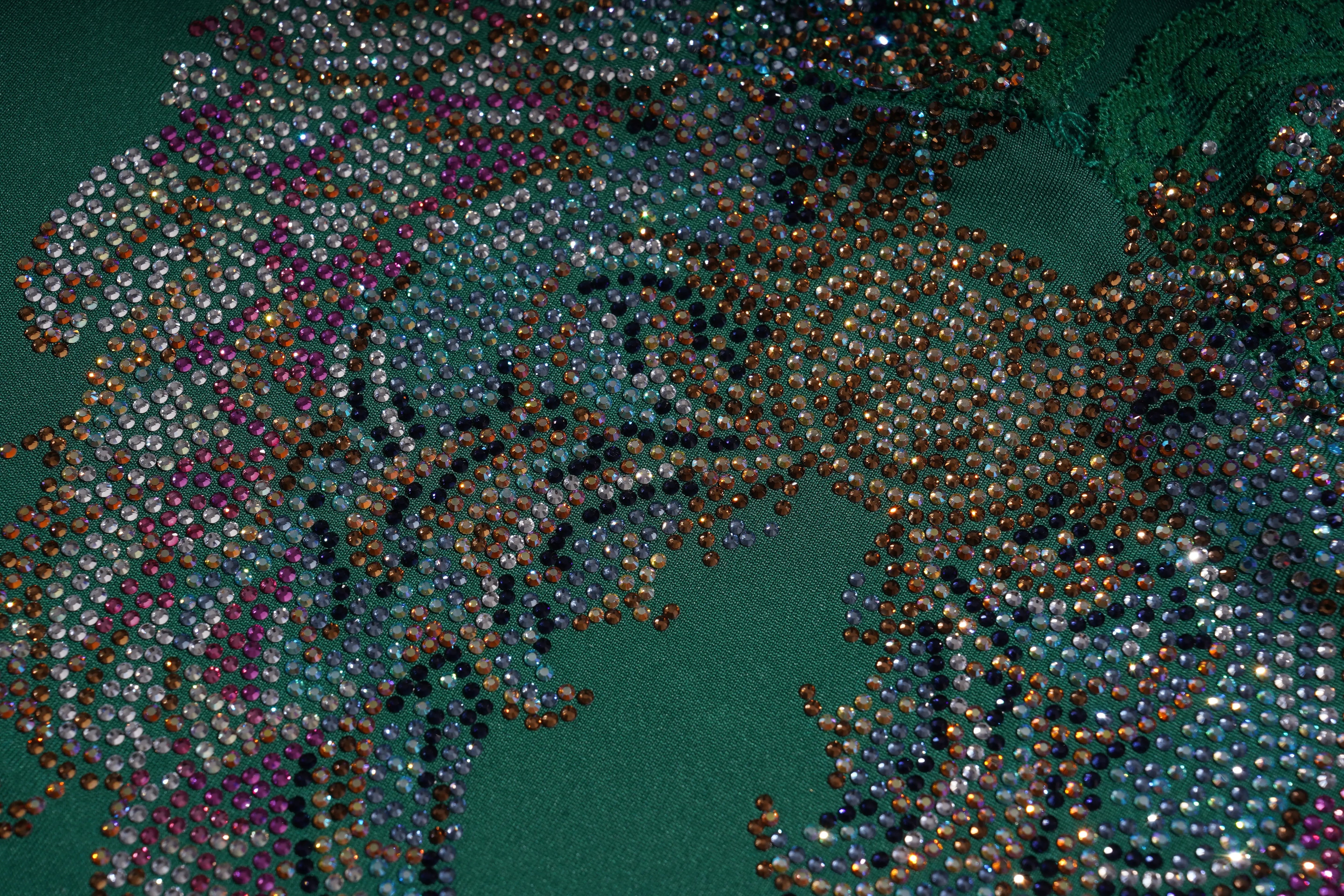 Close-up of a decorative fabric with intricate patterns and multicolored beads on a green background. TCH Green Lace Trim V-Neck Rhinestone Wing Long Sleeve Top