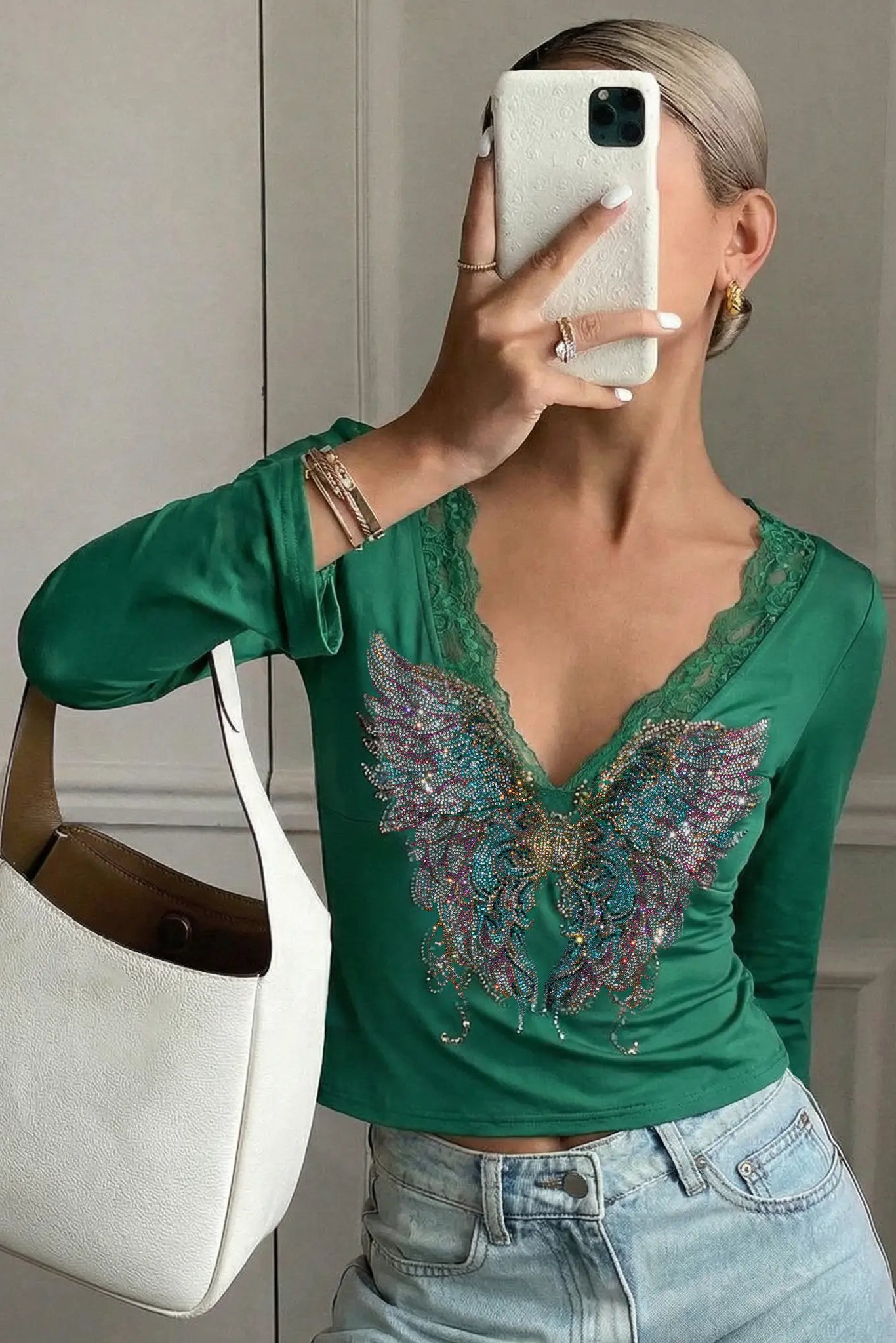 TCH Green Lace Trim V-Neck Rhinestone Wing Long Sleeve Top
