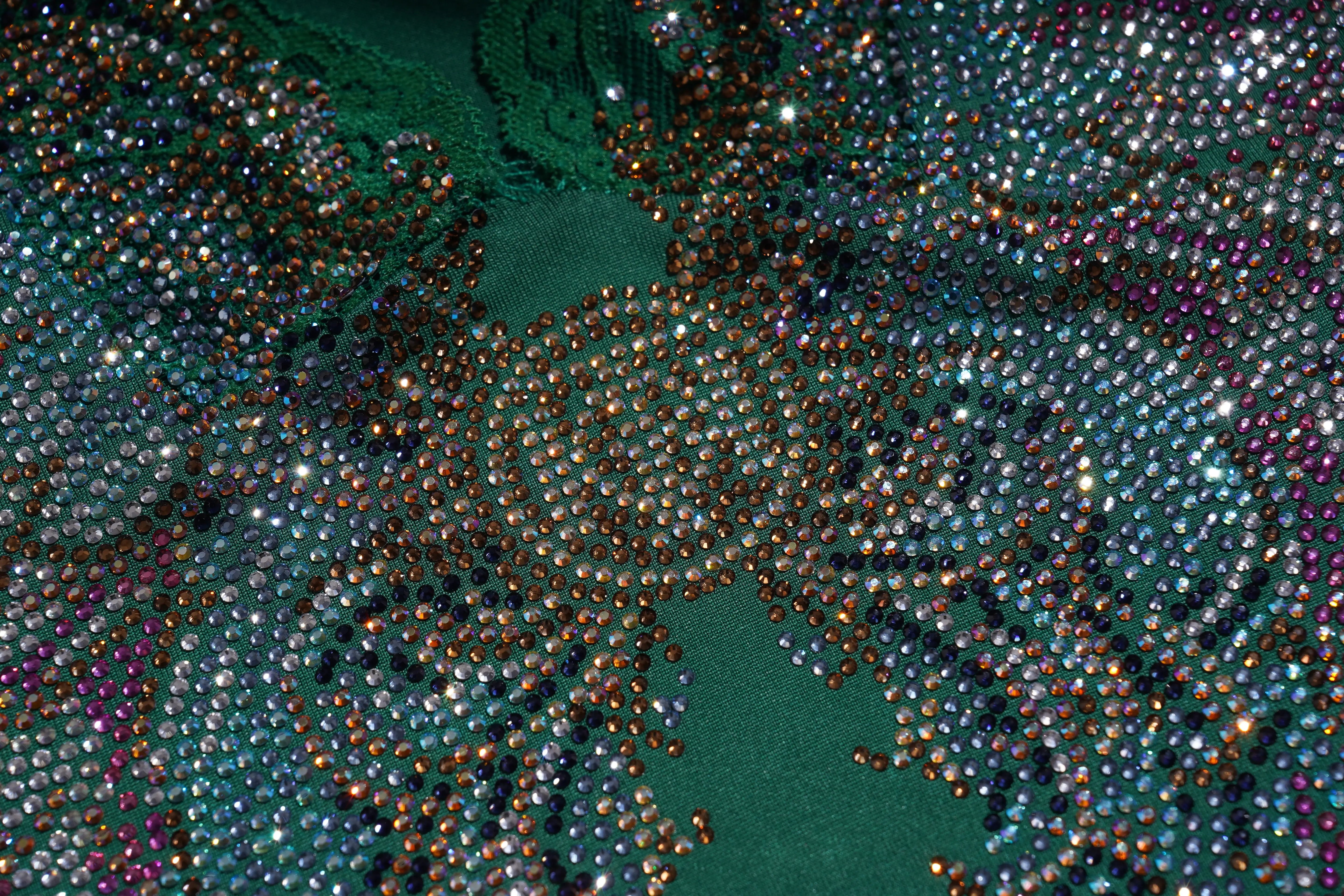Close-up of a fabric with intricate beadwork on a green background, TCH Green Lace Trim V-Neck Rhinestone Wing Long Sleeve Top