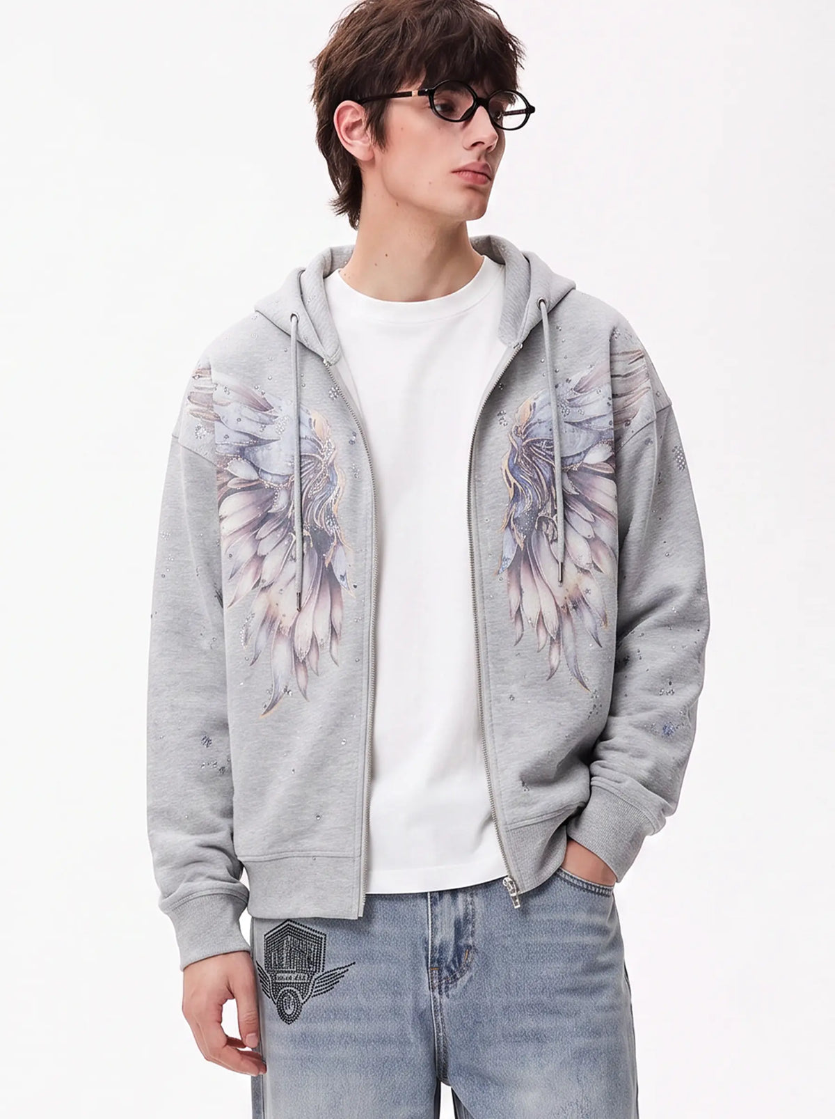 TCH Grey Angel Wing Zip Up Hoodie Luxury Streetwear Brand Official Showcase