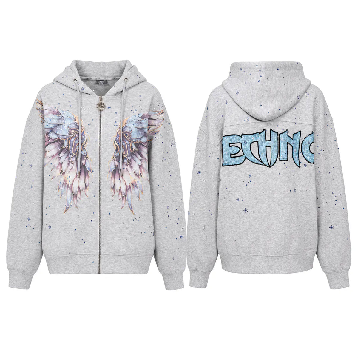 A light gray heather zip-up hoodie shown from both front and back. The front features a large watercolor-style angel wing graphic in blue, purple, and peach tones, while the back displays the word 'ETHNO' in a stylized light blue font with dark outlines and subtle blue star-like speckles. TCH Grey Angel Wing Zip Up Hoodie