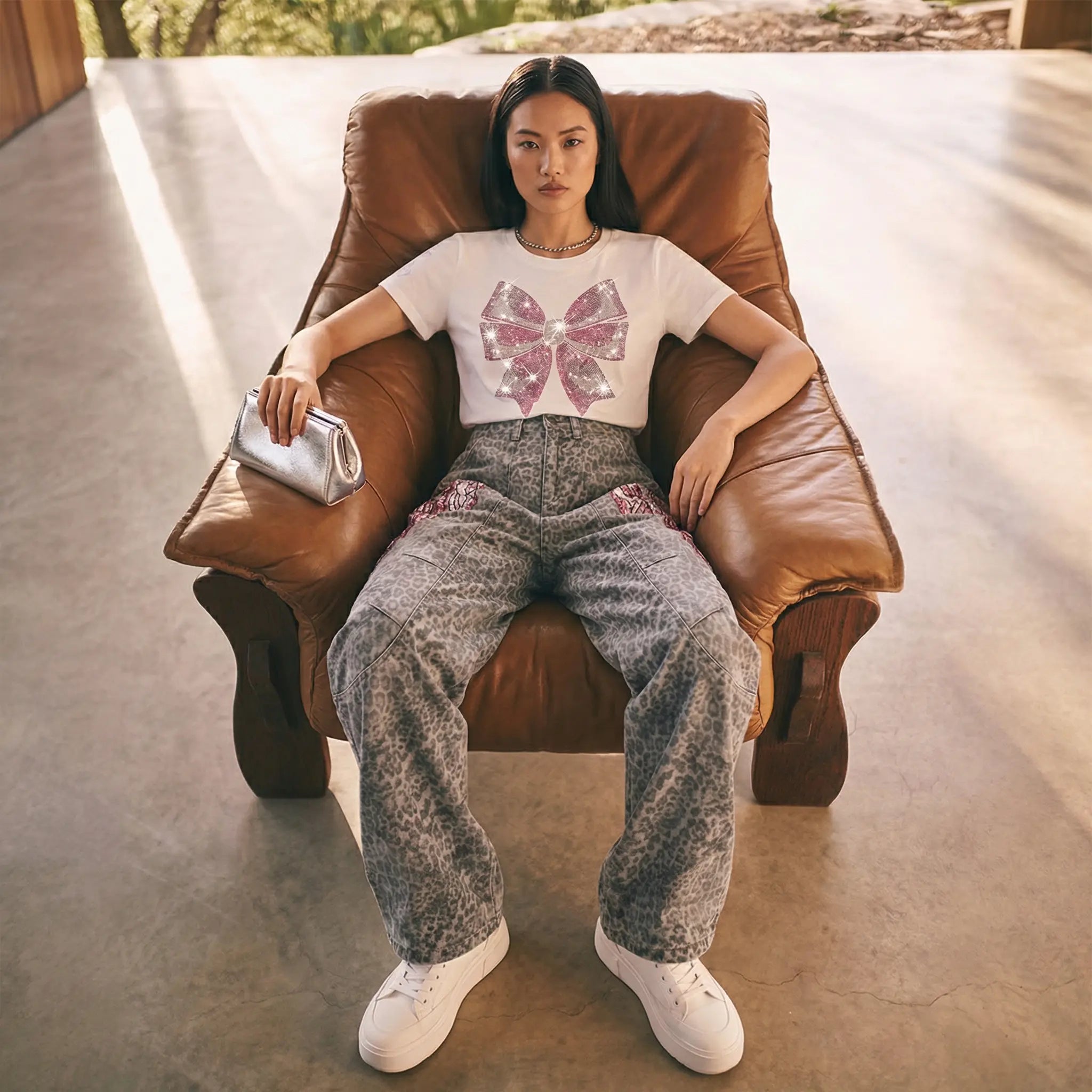 Woman sitting on a brown leather chair wearing a white t-shirt with a pink butterfly design and gray pants. TCH Grey Leopard Rhinestone Wings Wide-Leg Jeans