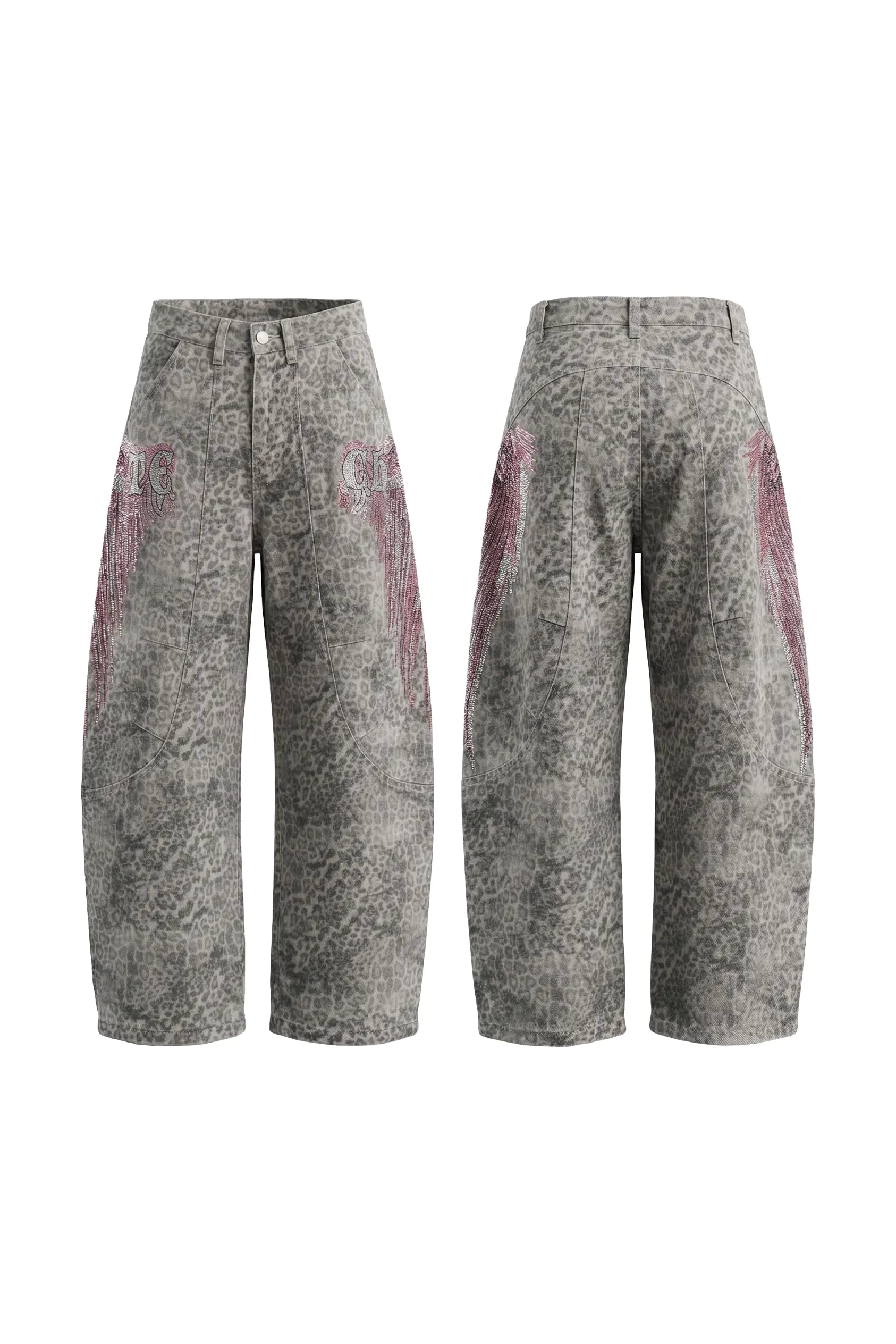 Pair of gray patterned pants on a white background, TCH Grey Leopard Rhinestone Wings Wide-Leg Jeans