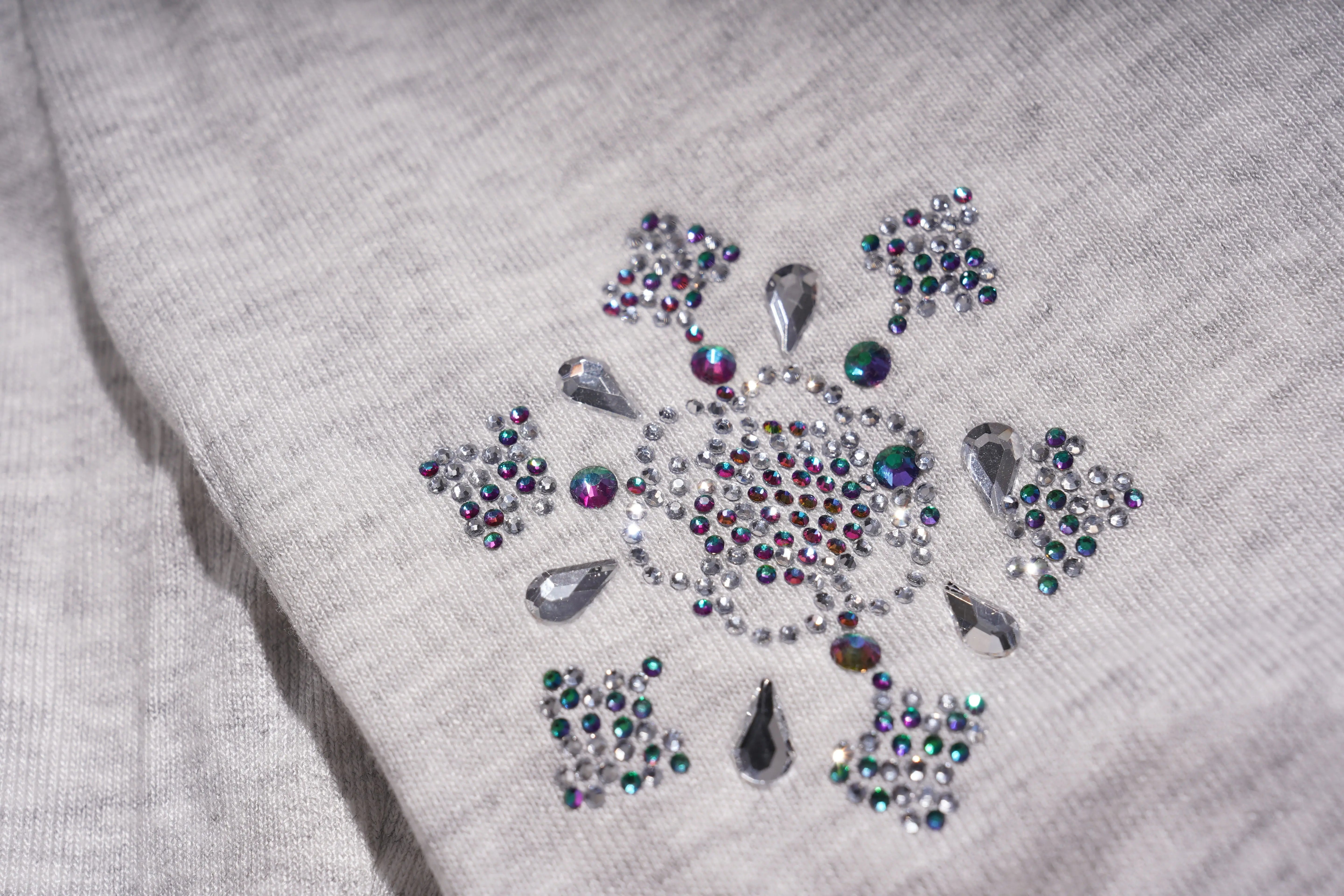 Decorative rhinestone design on a gray fabric background, TCH Grey Rhinestone Butterfly Pajama Set