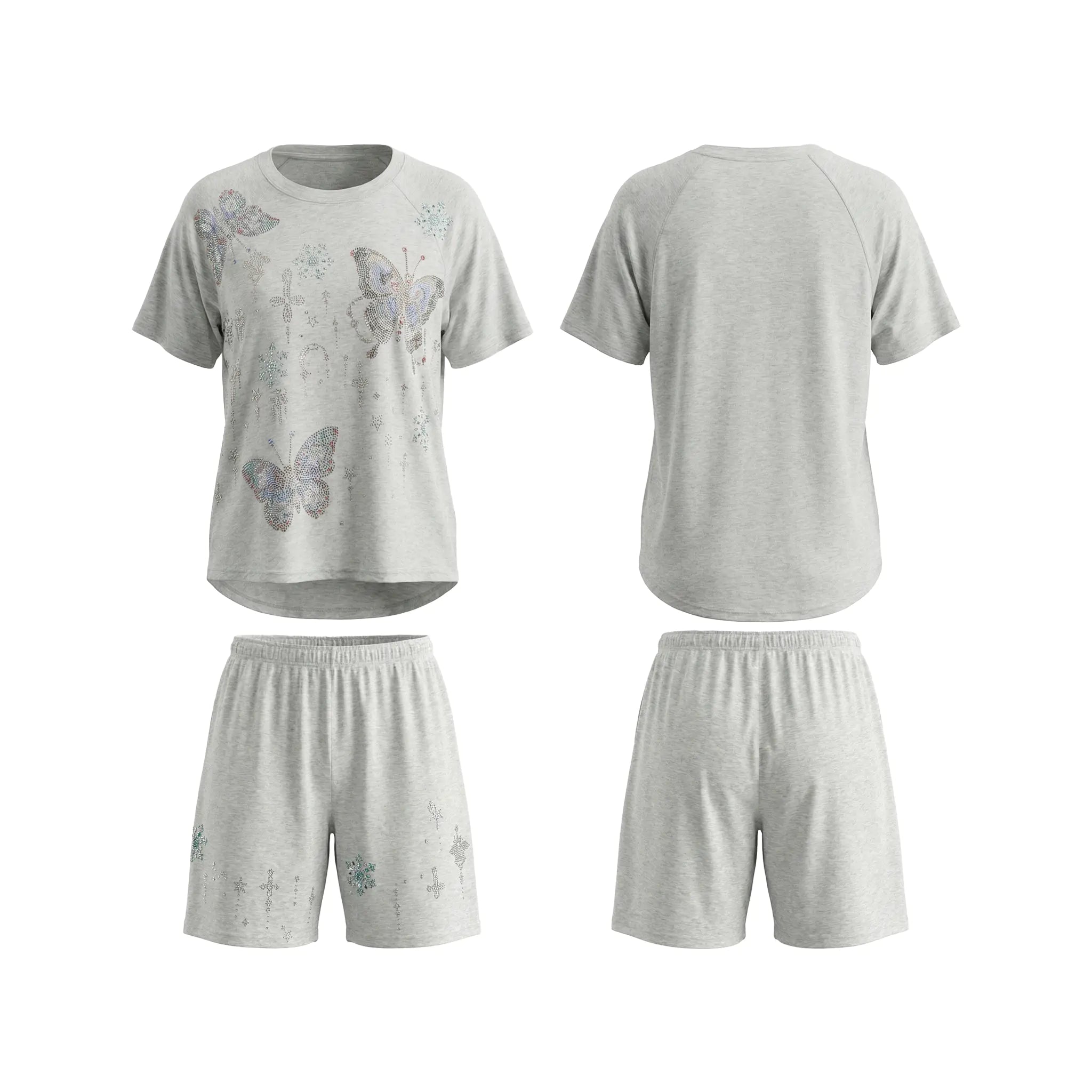 Gray pajama set with butterfly designs on a white background, TCH Grey Rhinestone Butterfly Pajama Set