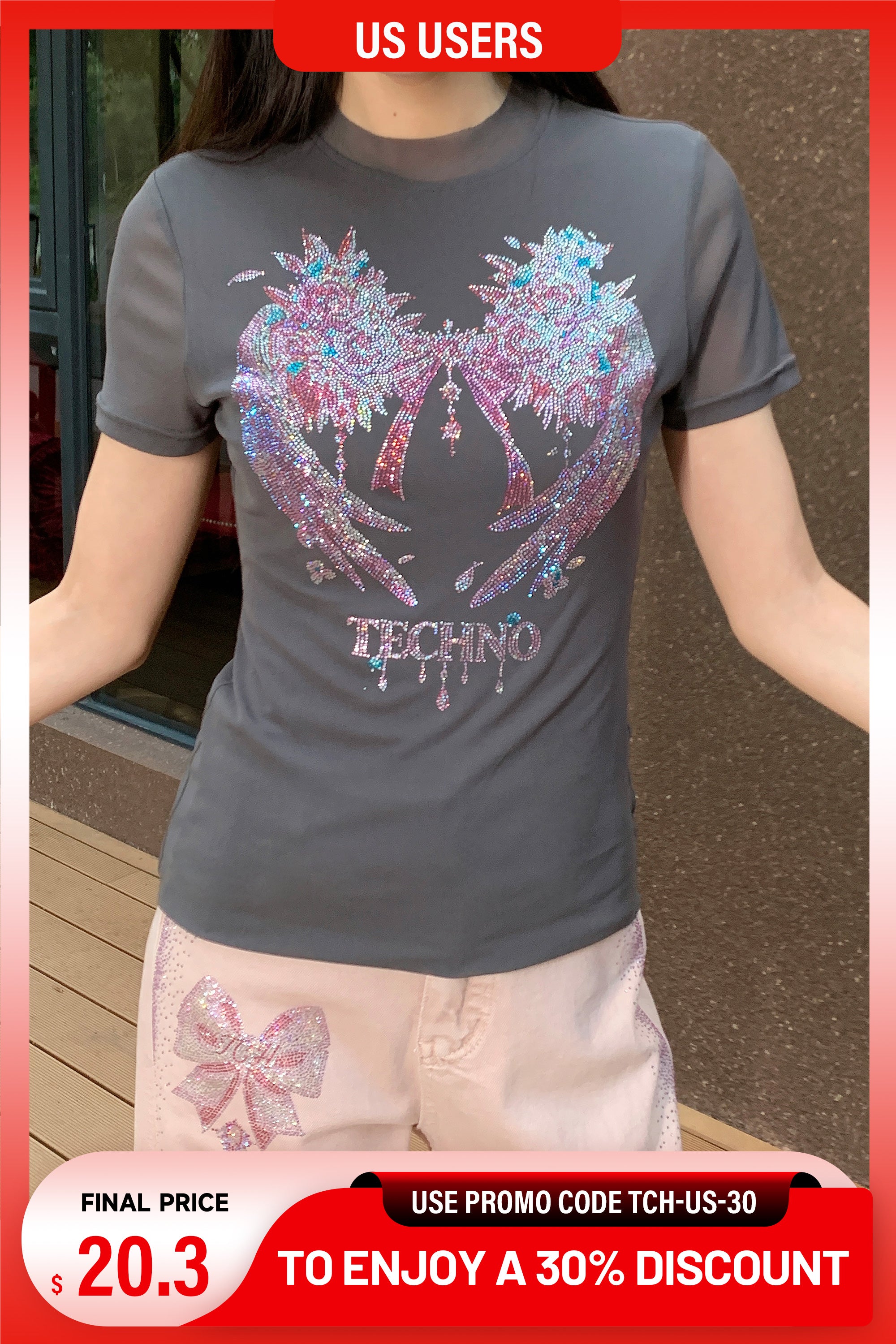 Brown tracksuit with teddy bear design on a white background, TCH Grey Rhinestone Pink Wings Graphic T-Shirt