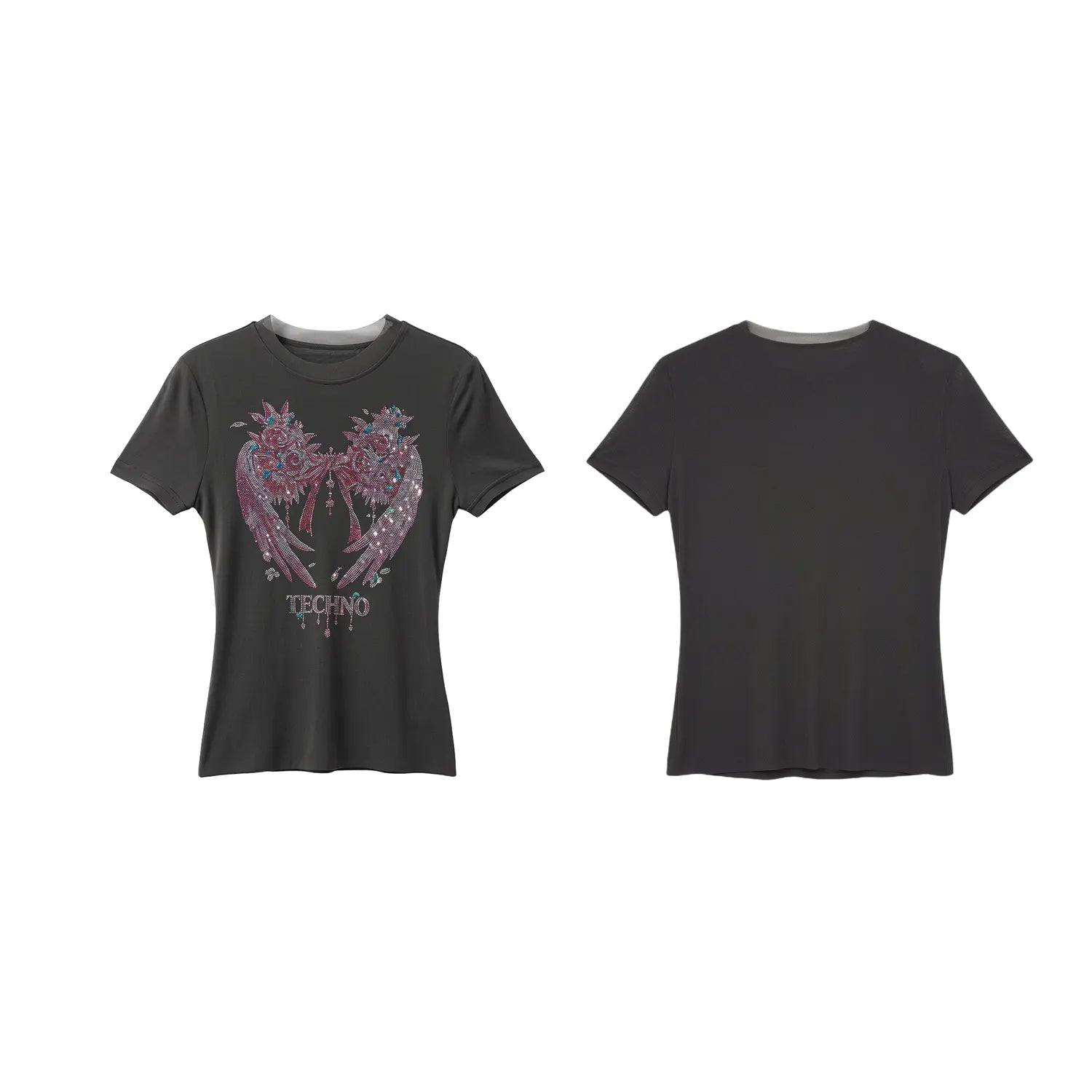 Black t-shirt with a heart design and 'Techno' text on a white background, TCH Grey Rhinestone Pink Wings Graphic T-Shirt