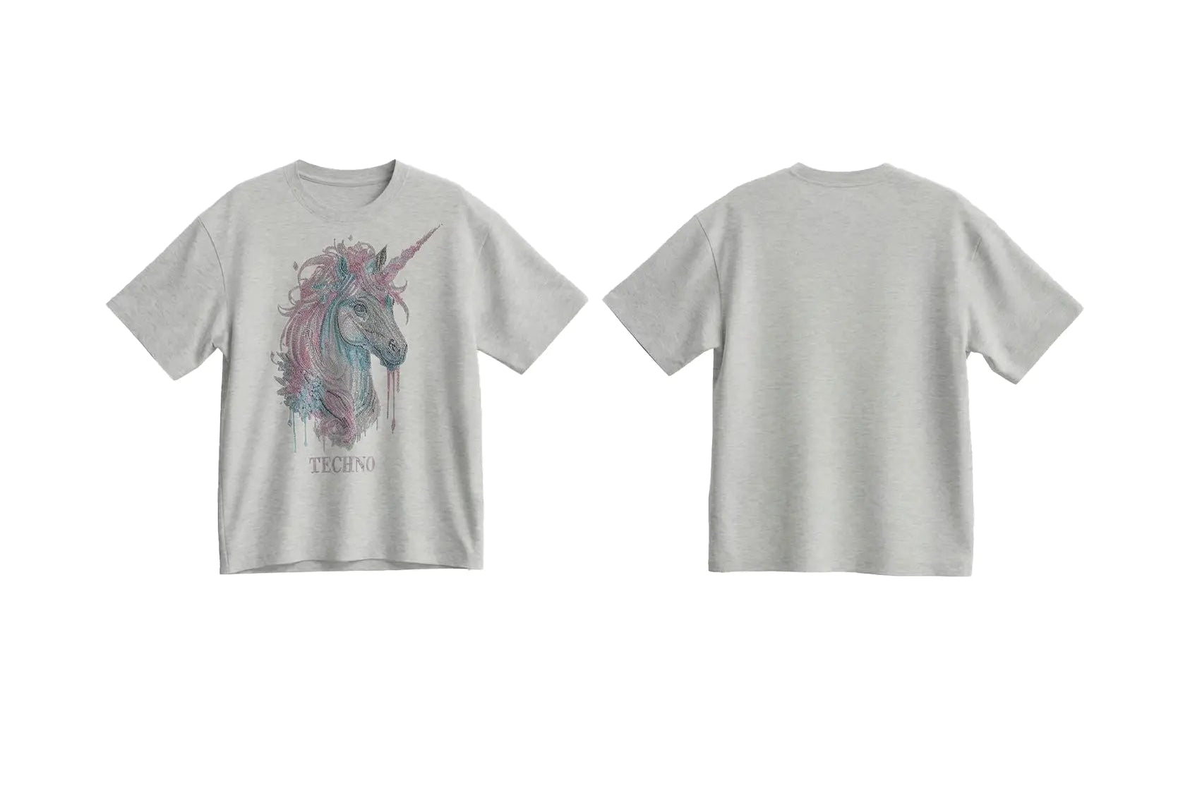 White t-shirt with a colorful graphic design on a white background, TCH Grey Rhinestone Unicorn Graphic T-Shirt