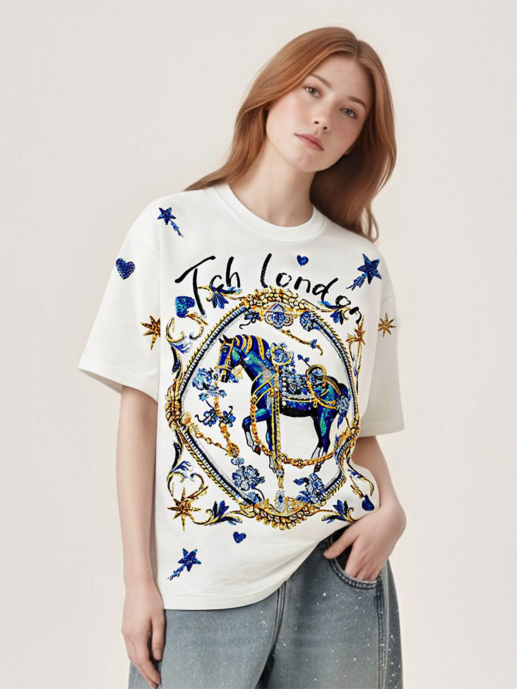 tch horse rhinestone cotton sparkling t-shirt white HighEnd Luxury Streetwear Brand Official Showcase