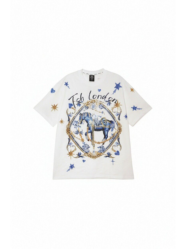 tch horse rhinestone cotton sparkling t-shirt white HighEnd Luxury Streetwear Brand Official Showcase