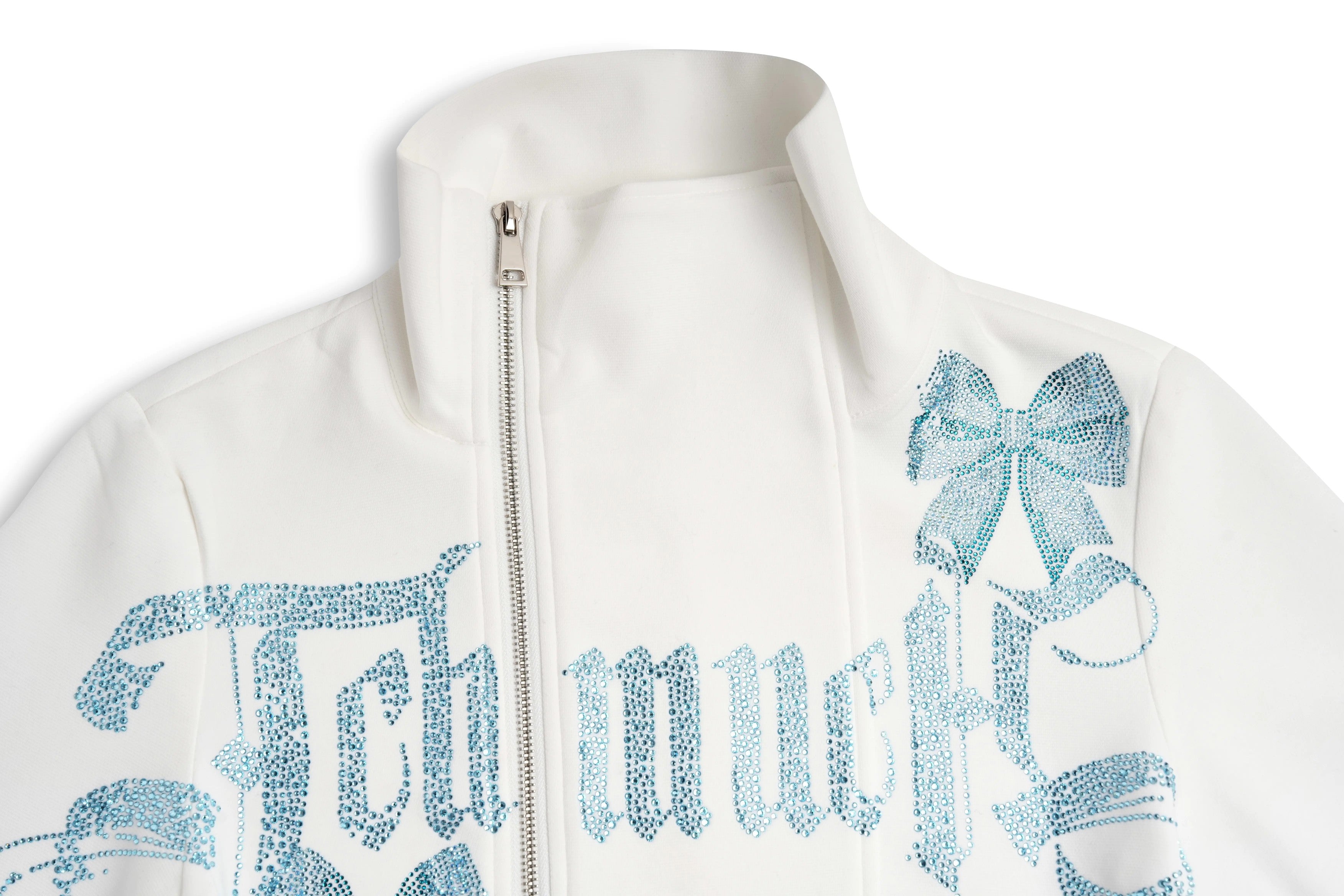 White hoodie with blue text and designs on a white background, TCH Ice Blue Rhinestone Bow Zip-Up Jacket