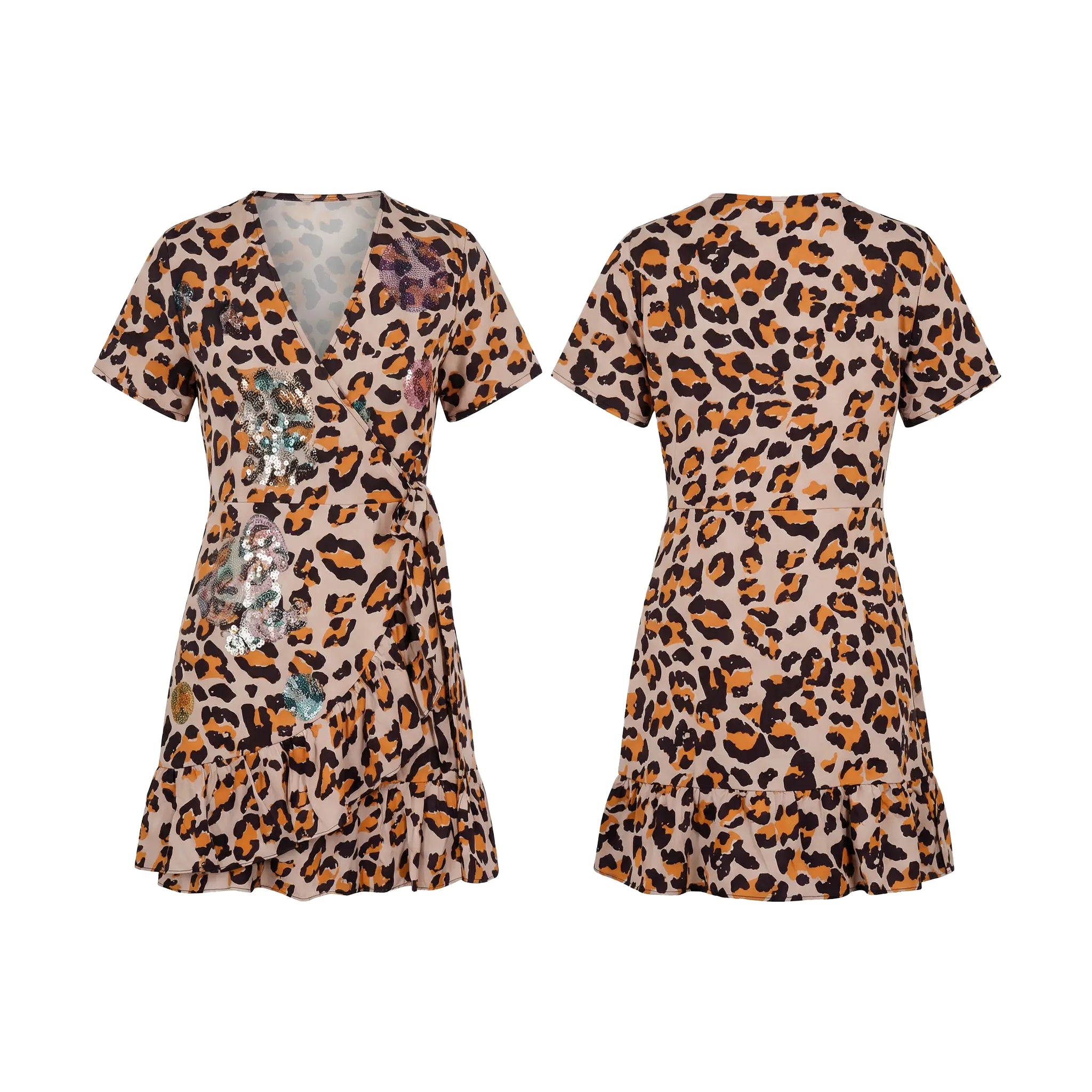 Two leopard print strapless dresses with floral embellishments on a white background, TCH Leopard Rhinestone Animal Embellished Dress