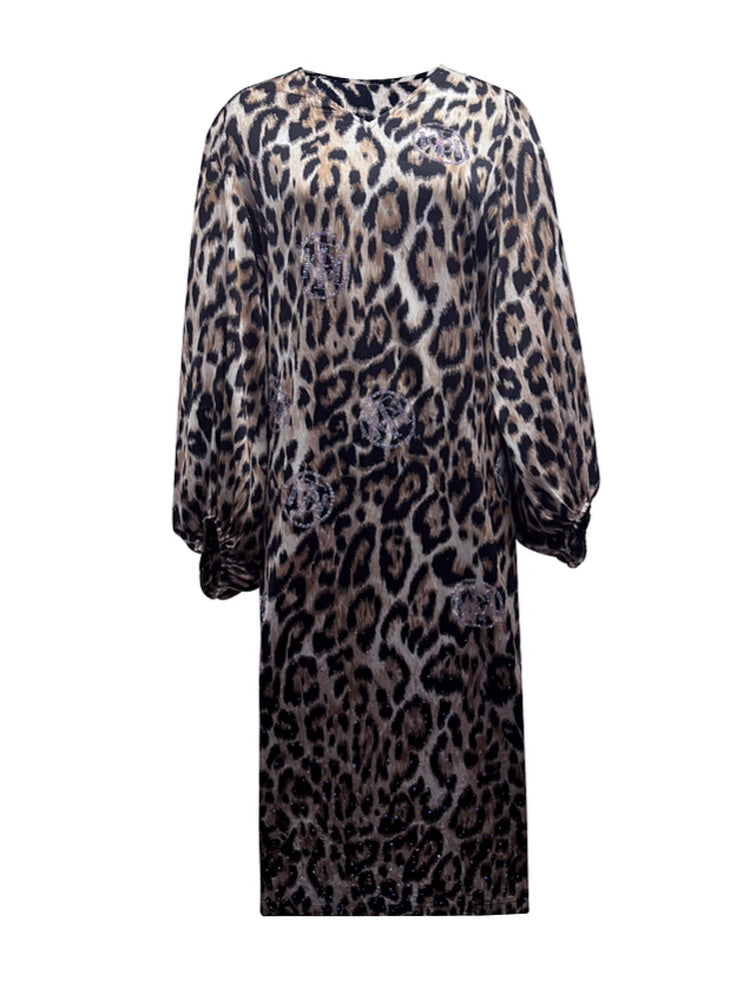 Leopard print dress with long sleeves on a white background, TCH Leopard Rhinestone Logo Long Dress