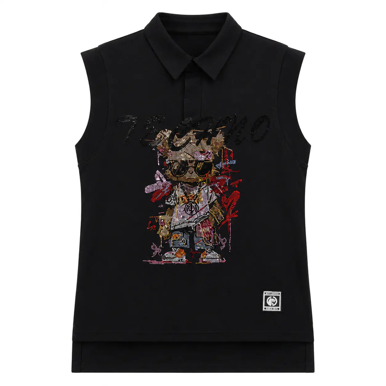 Black sleeveless shirt with colorful graphic design on a white background, TCH Leopard Rhinestone Sleeveless Polo Shirt