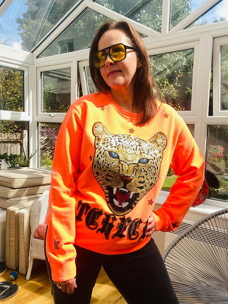 TCH Leopard Star Rhinestone Crewneck Sweatshirt orange HighEnd Luxury Streetwear Brand Official Showcase